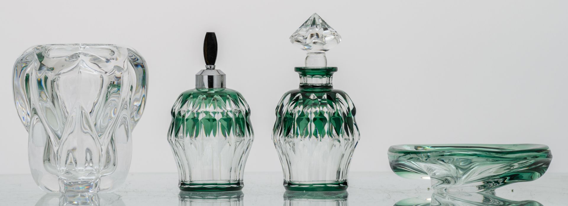 Two glass girandoles; added eight green overlay Val-Saint-Lambert crystal cut decorative items and - Image 8 of 19