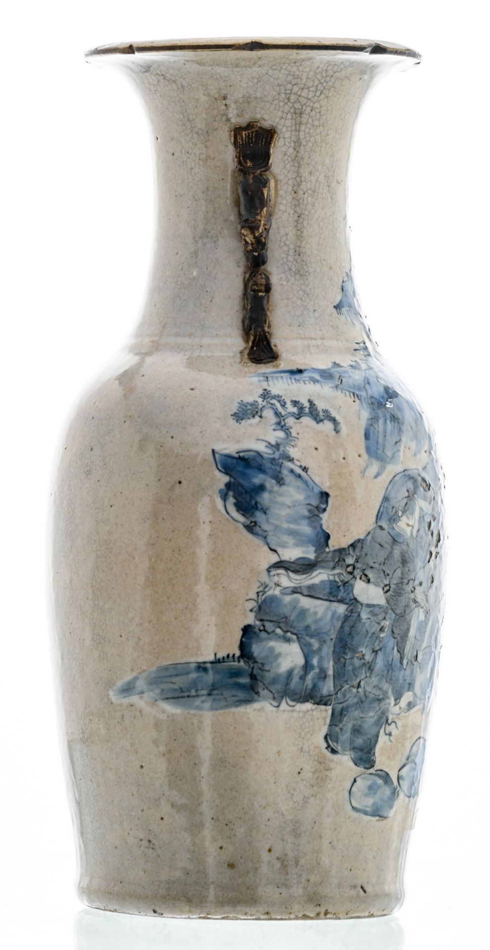 A Chinese grey celadon ground blue and white decorated stoneware vase with figures in a - Image 4 of 6