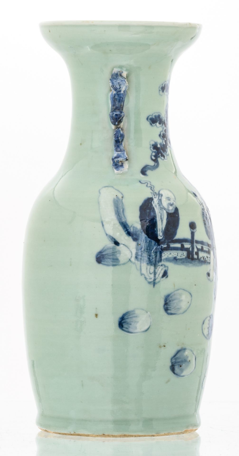 A Chinese celadon ground blue and white decorated vase with an animated scene, 19thC, H 43,5 cm - Image 4 of 6