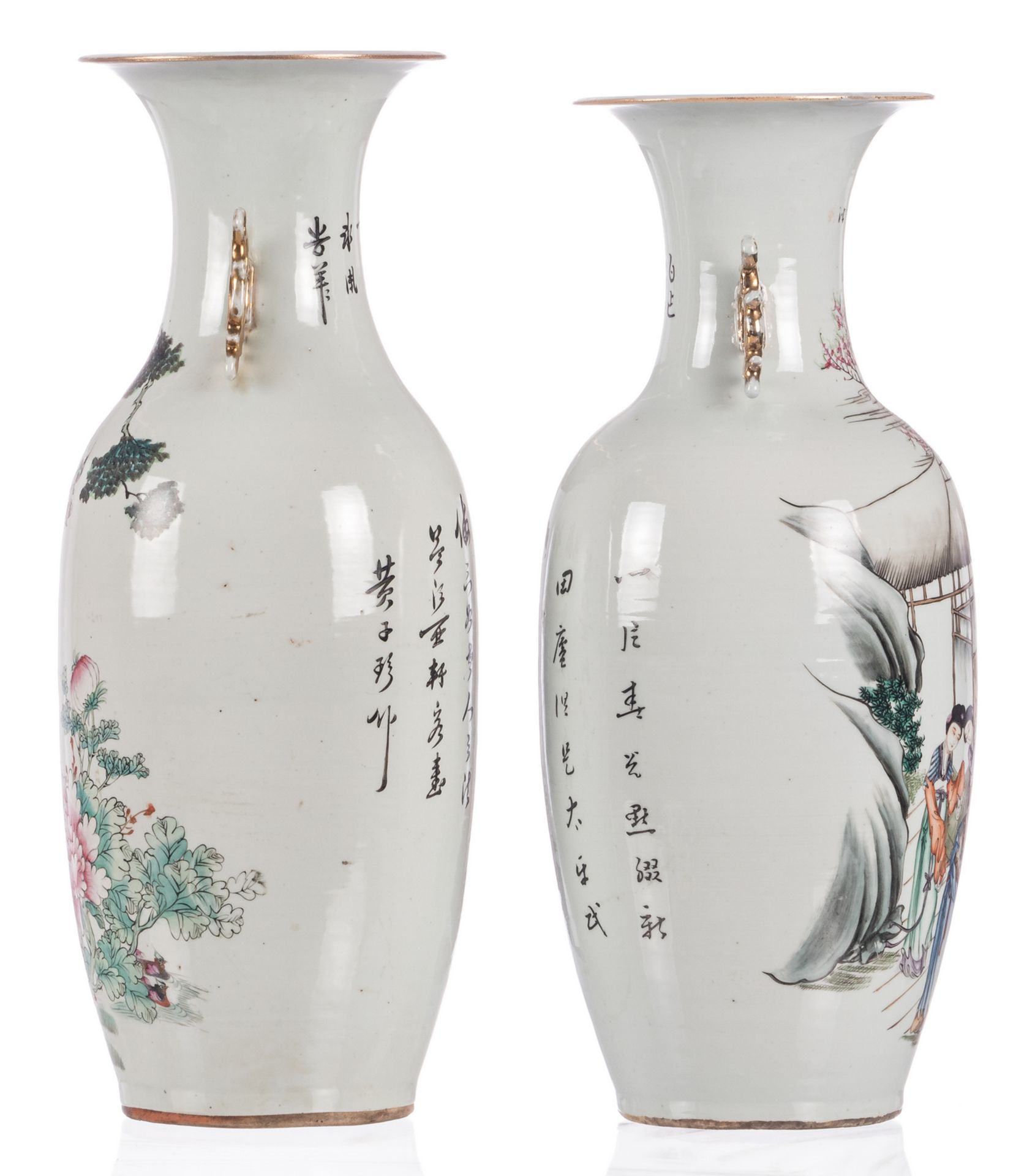 Two Chinese famille rose vases, one vase decorated with an animated scene and calligraphic texts and - Image 3 of 6