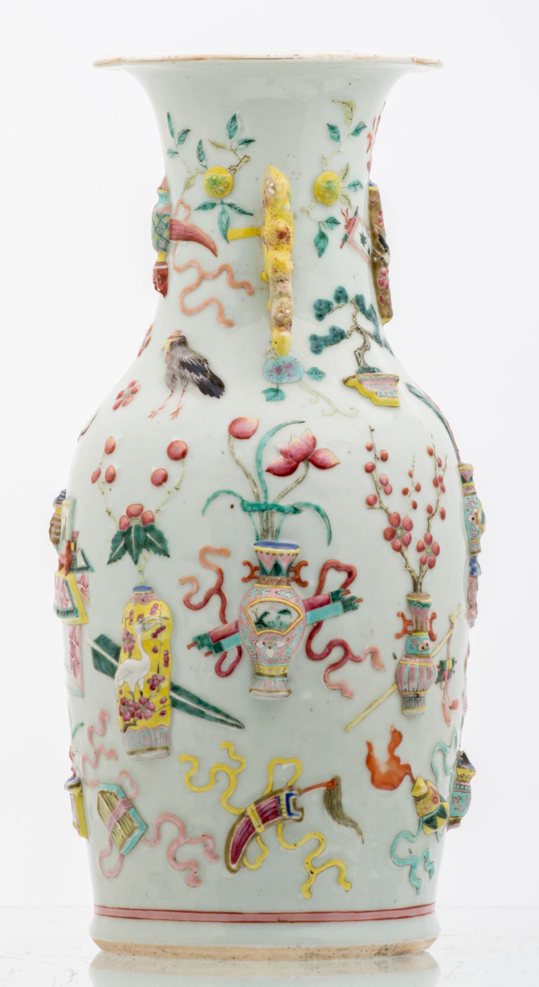 A Chinese famille rose and relief decorated vase with antiquities, flower branches and birds, 19thC, - Image 4 of 6