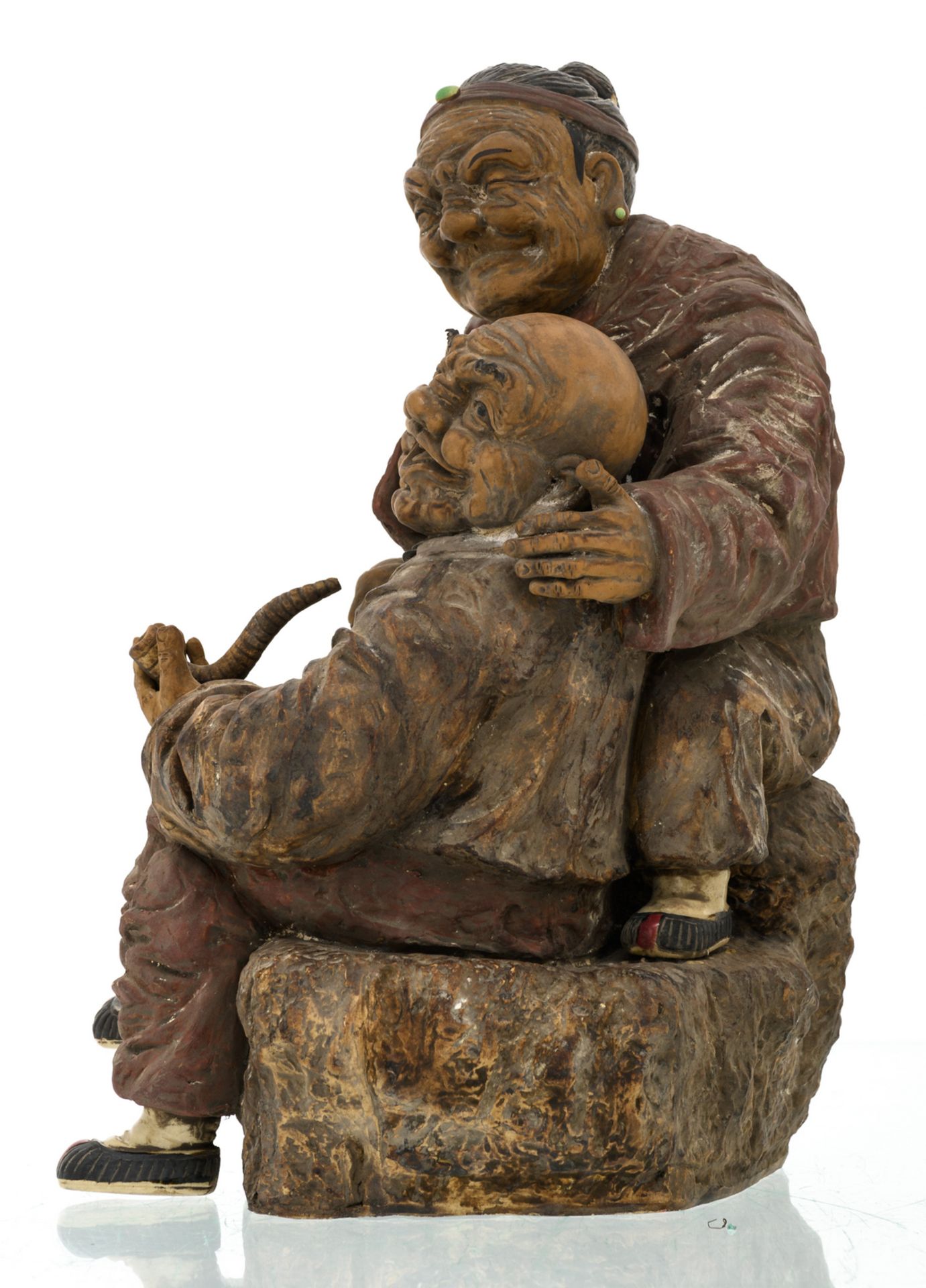 A Chinese polychrome stoneware partially glazed group depicting two amused elderly people, marked, H - Image 3 of 8