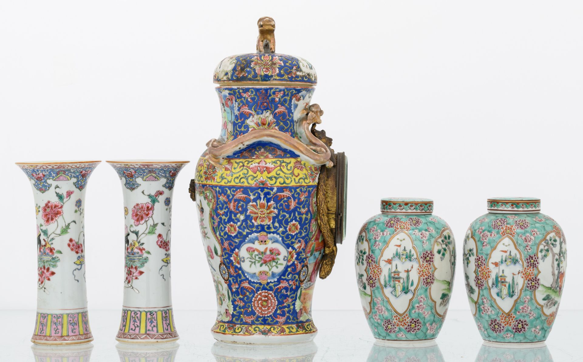A pair of Chinese turquoise ground famille rose floral decorated ginger jars and covers, the - Image 4 of 8