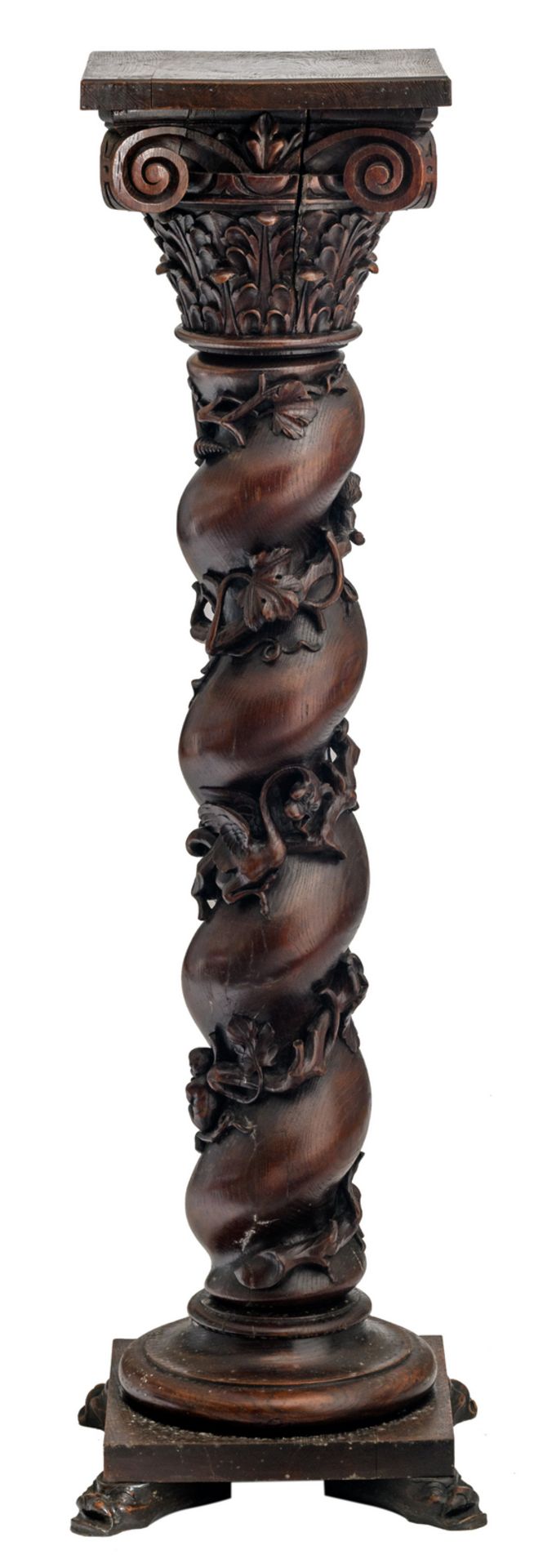 An early 20thC oak Baroque revival pedestal, H 157 cm