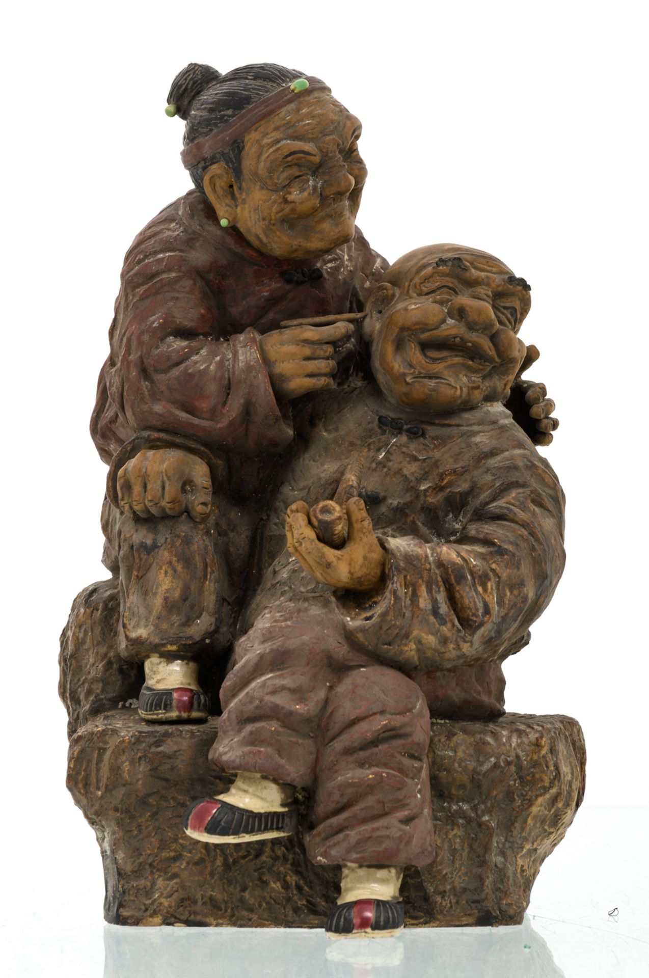 A Chinese polychrome stoneware partially glazed group depicting two amused elderly people, marked, H - Image 2 of 8