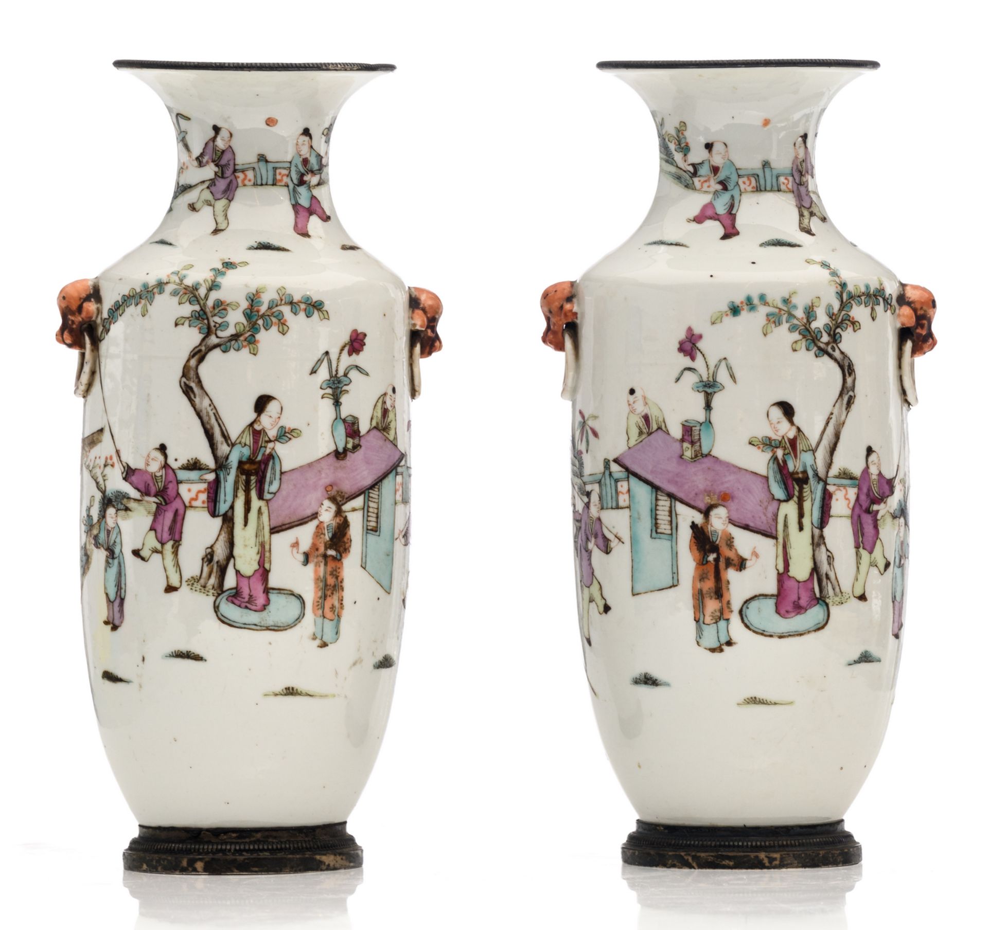 A pair of Chinese famille rose vases, overall decorated with an animated scene, with silver - Image 3 of 6