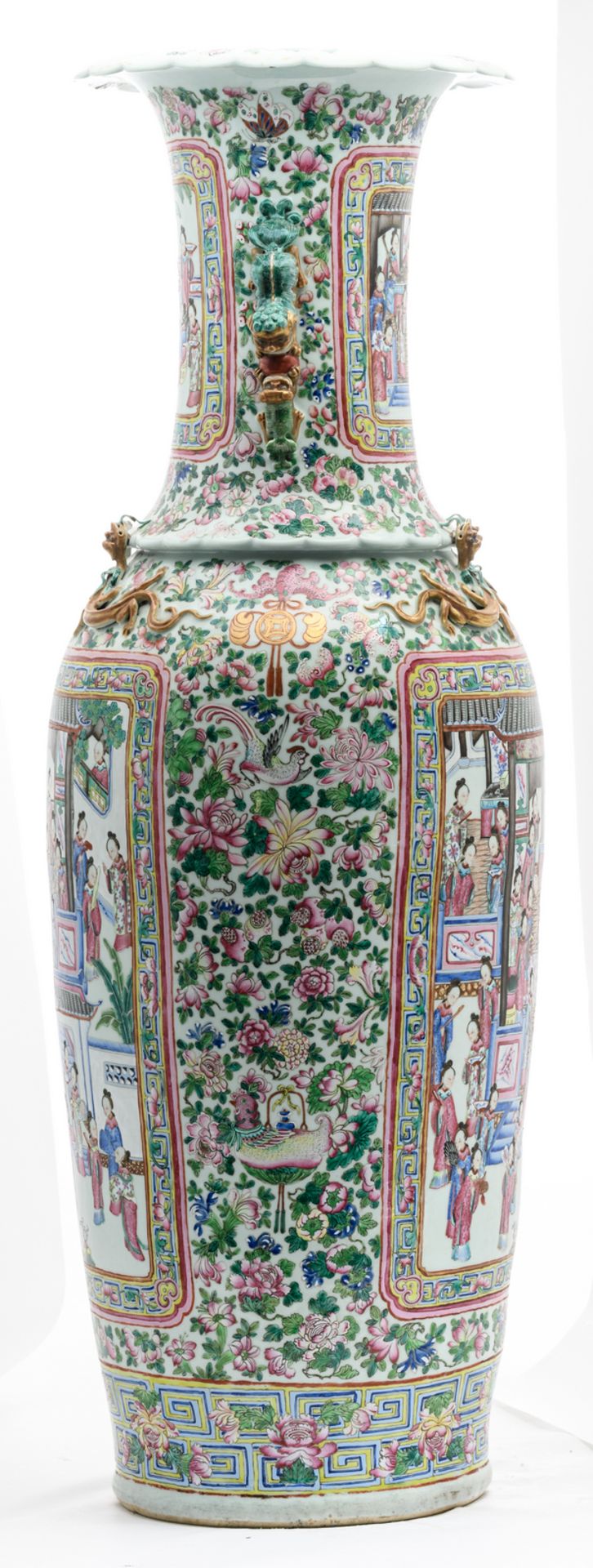 An impressive Chinese famille rose floral and relief decorated vase with dragons and Fu lions, the - Image 2 of 6