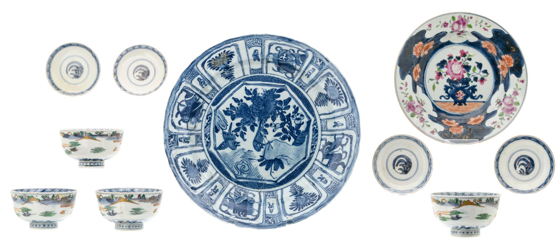 A Chinese blue and white and famille rose floral decorated dish, 18thC; added a ditto blue and white - Image 2 of 13