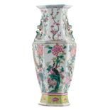 A Chinese famille rose hexagonal vase, decorated with birds and flower branches, 19thC, H 45 cm