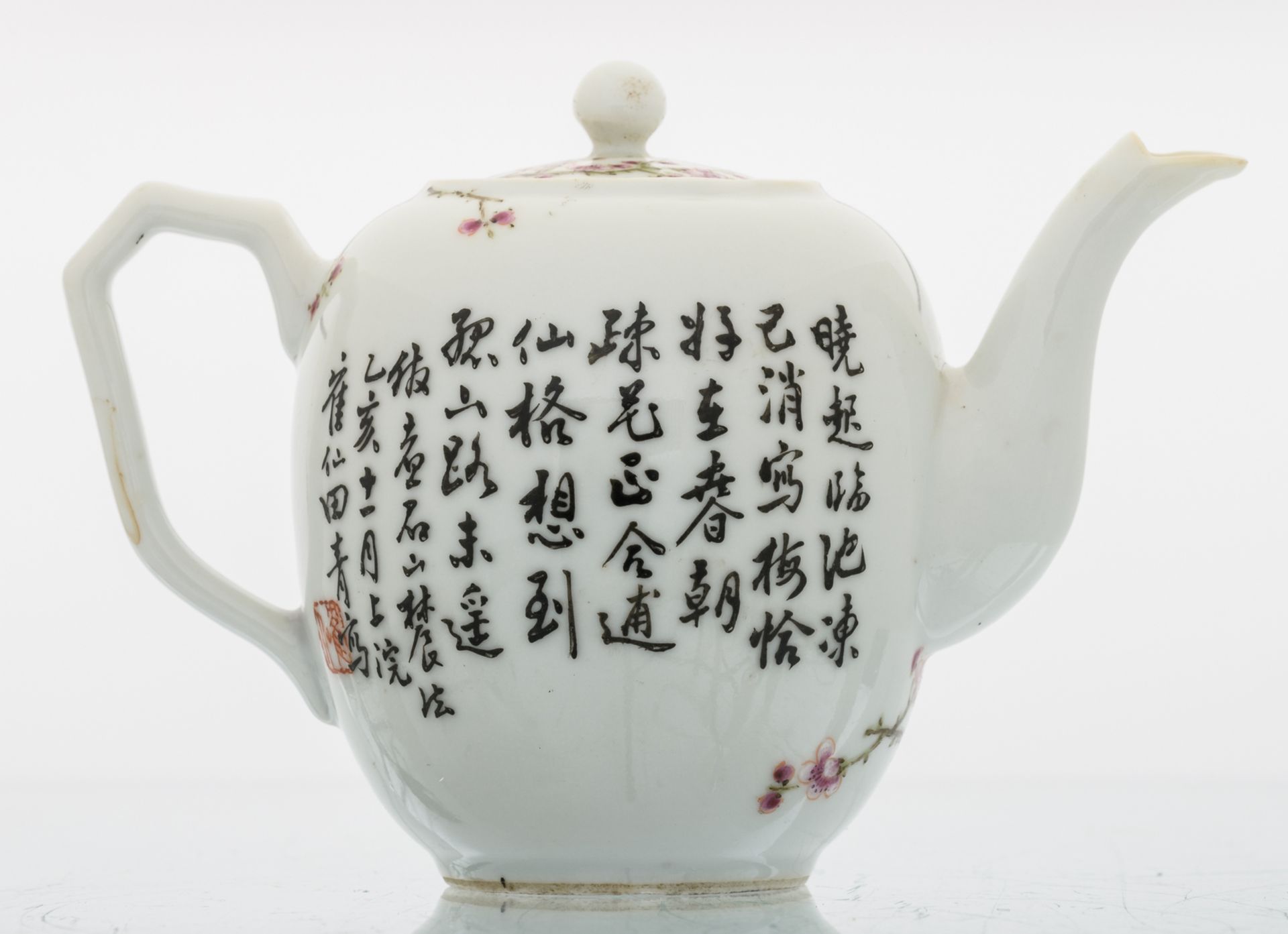 A Chinese famille rose teapot and cover, decorated with cherry blossoms and a calligraphic text, - Image 3 of 8