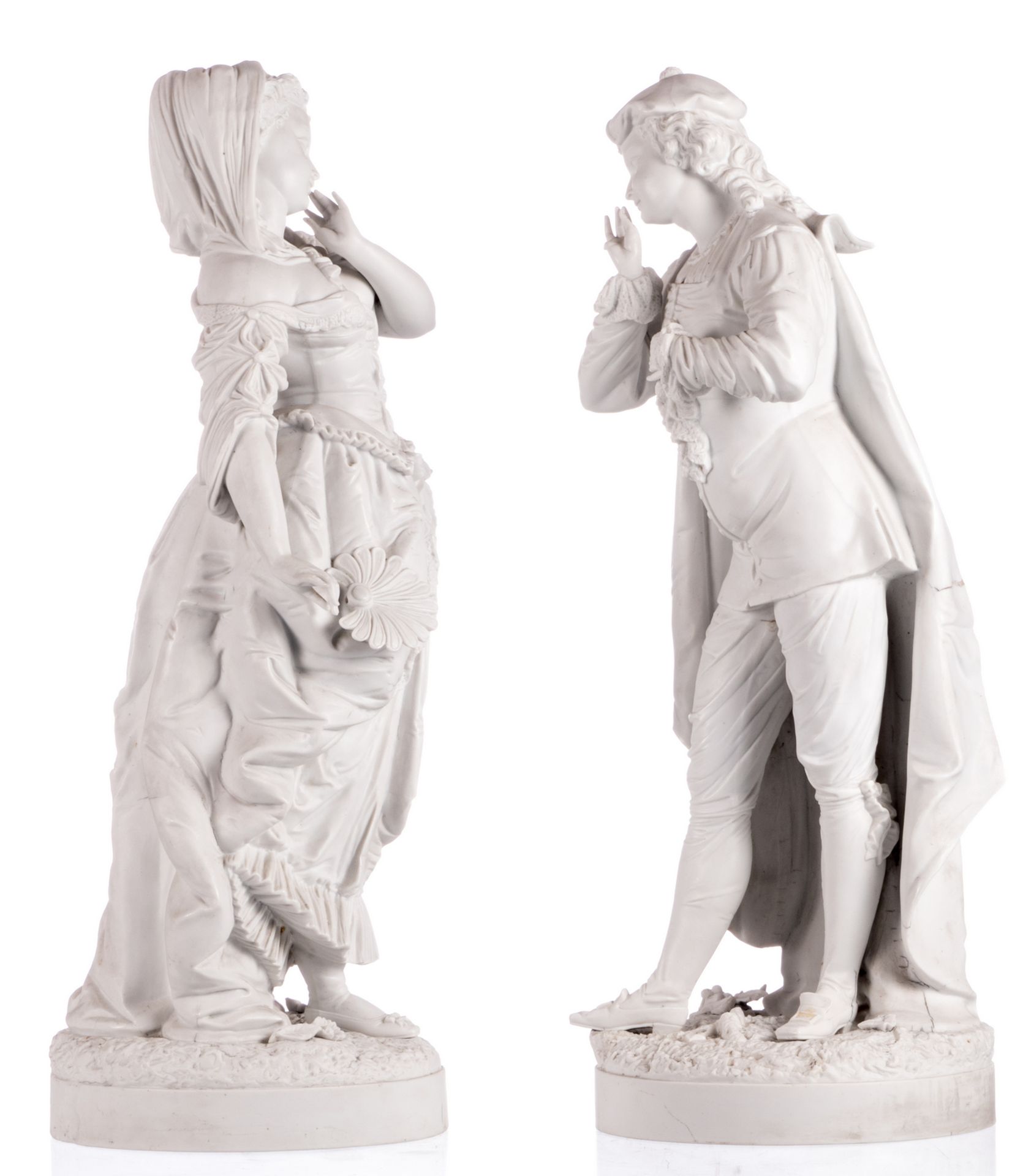 An elegant presumably French biscuit couple, third quarter of the 19thC, H 70,5 cm - Image 3 of 7