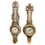 Two polychrome decorated and gilt wood barometers in the manner of the 18thC, H 93 cm