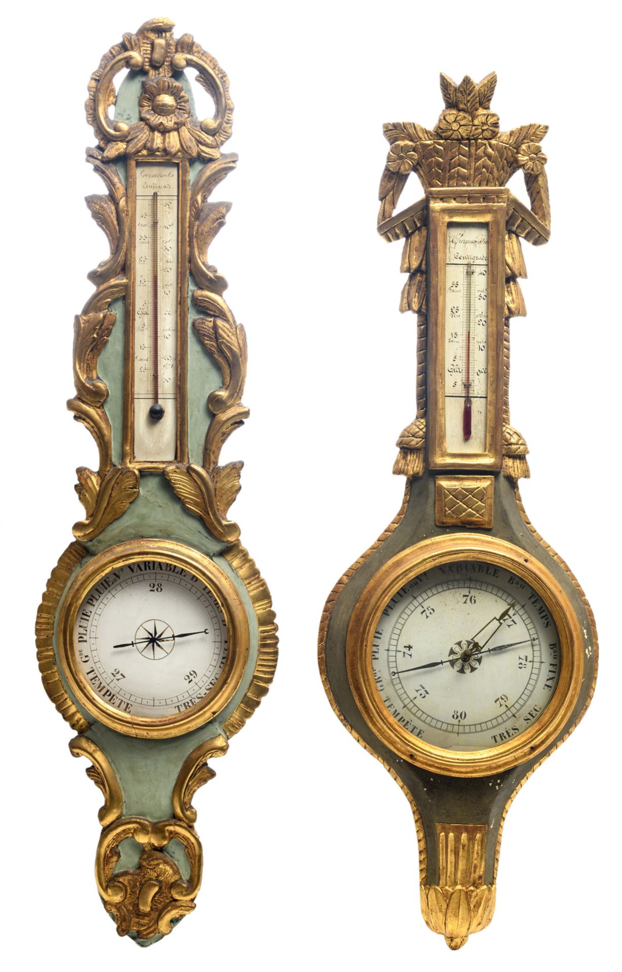 Two polychrome decorated and gilt wood barometers in the manner of the 18thC, H 93 cm