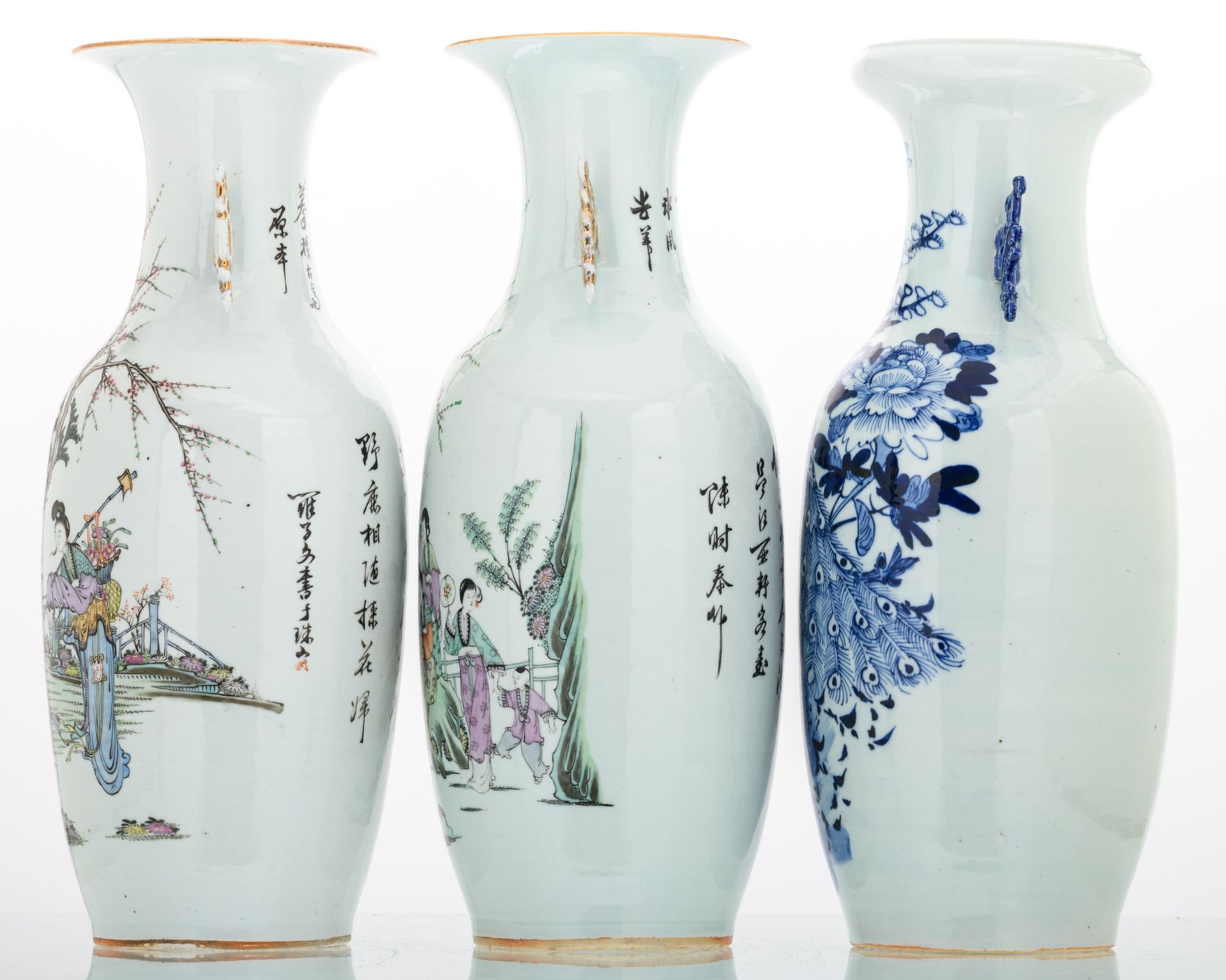 Two Chinese polychrome decorated vases with a gallant garden scene and calligraphic texts; added a - Image 2 of 8