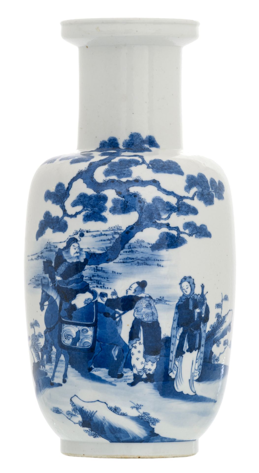 A Chinese blue and white decorated begonia shaped vase with an animated scene in a landscape and