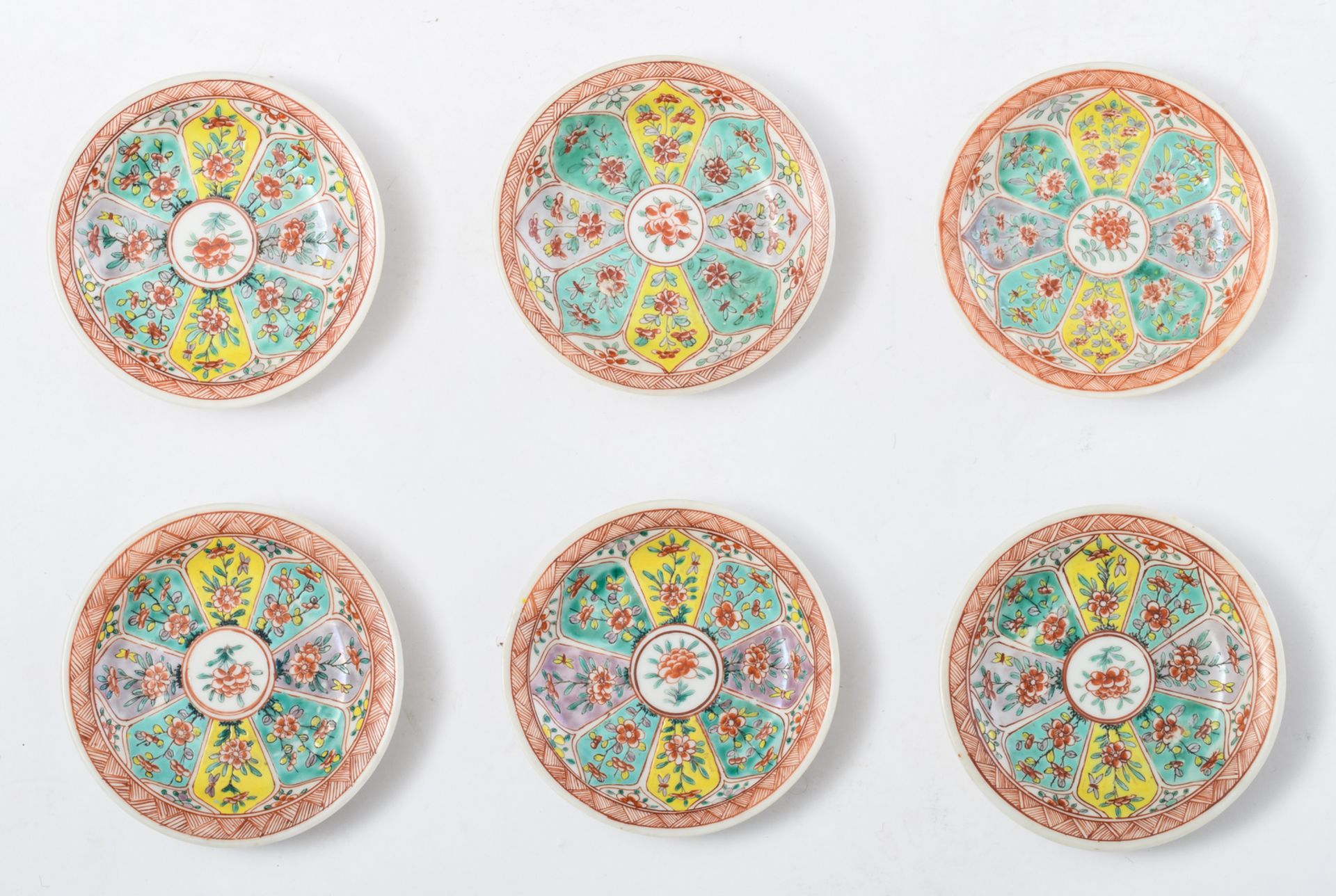 Six Chinese polychrome floral decorated cups and saucers, 18thC, H 2 - 5 cm - Image 2 of 9