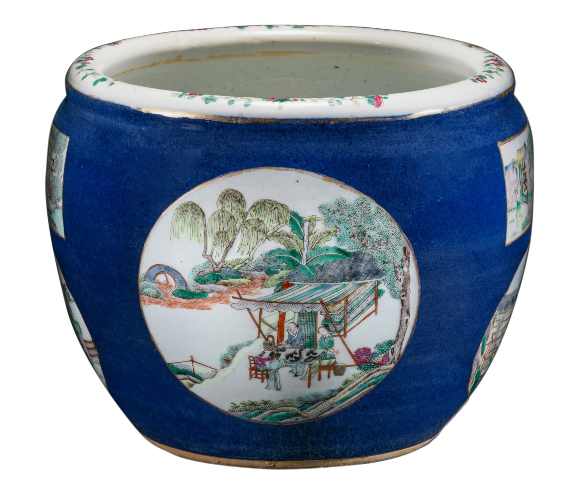 A Chinese bleu poudré jardiniere, the roundels famille verte, decorated with various animated scenes