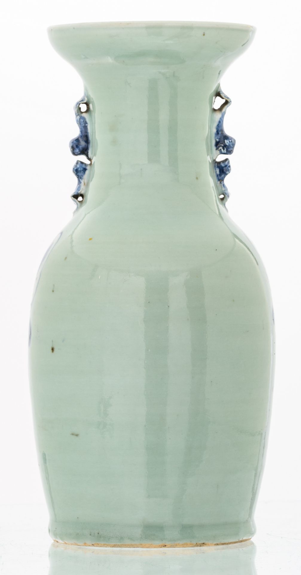 A Chinese celadon ground blue and white decorated vase with an animated scene, 19thC, H 43,5 cm - Image 3 of 6