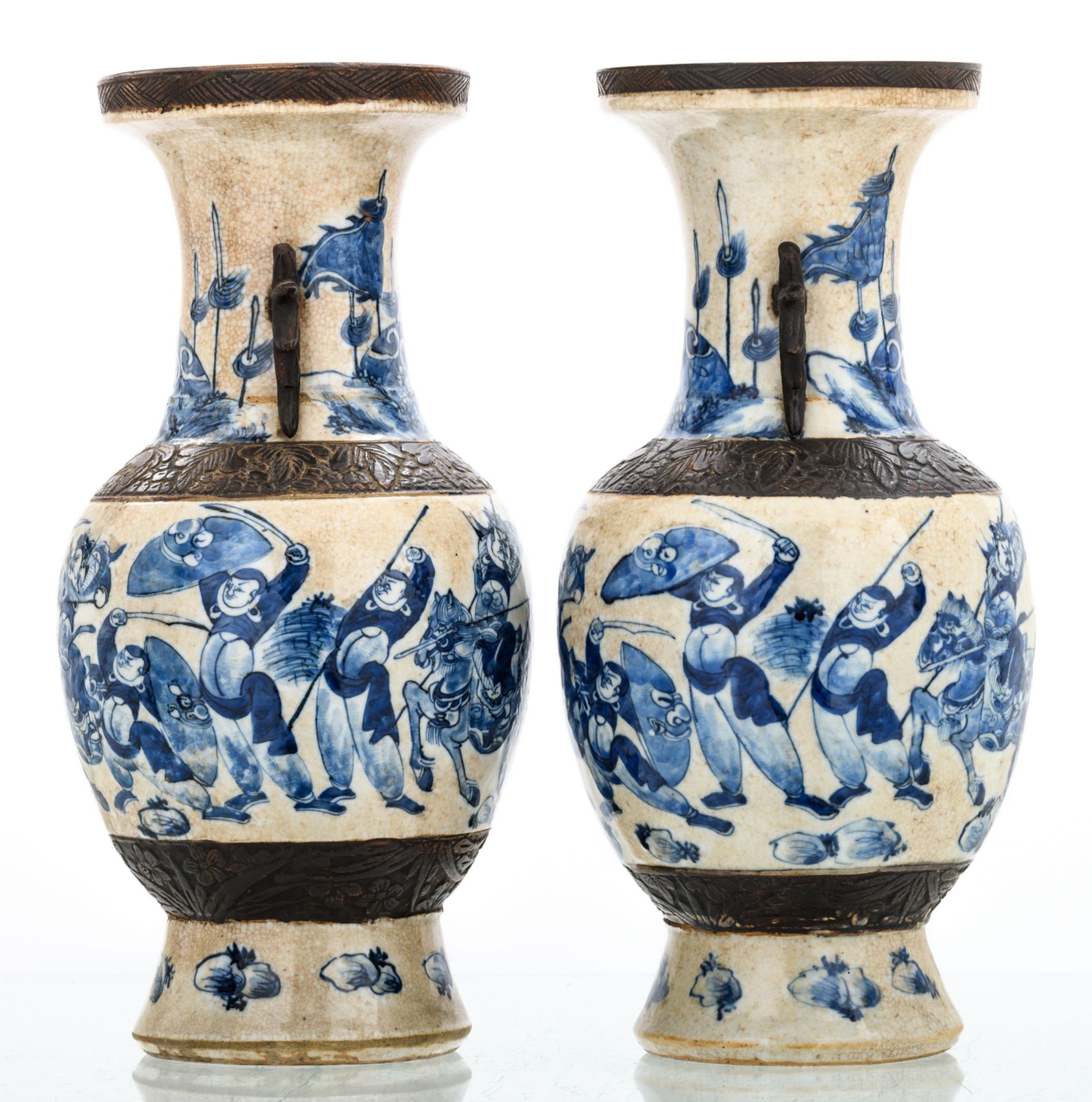 Two Chinese baluster shaped stoneware vases, blue and white decorated with warriors, marked, about - Image 4 of 6