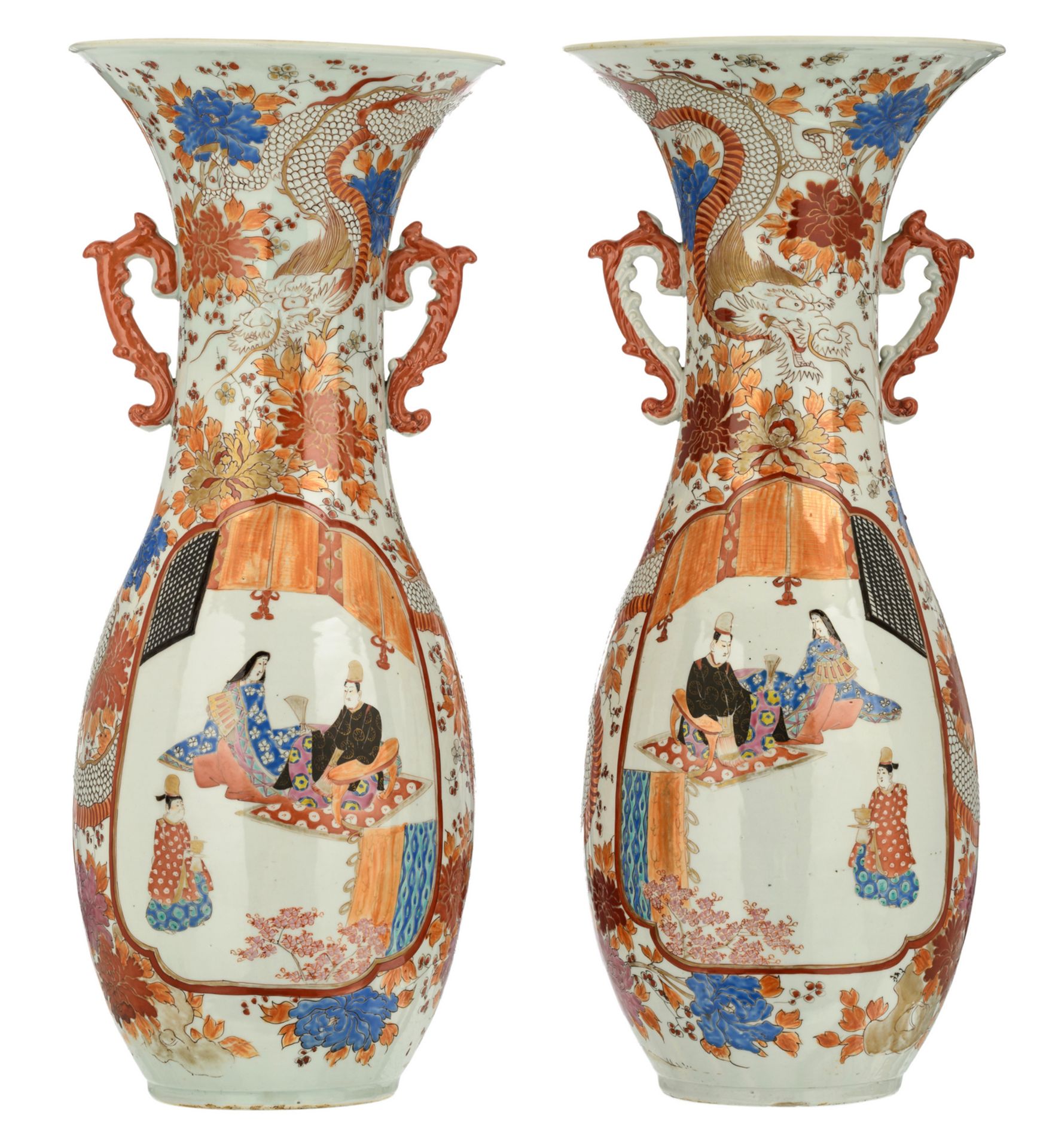 A pair of Japanese polychrome floral and dragon relief decorated vases, the roundels with figures,