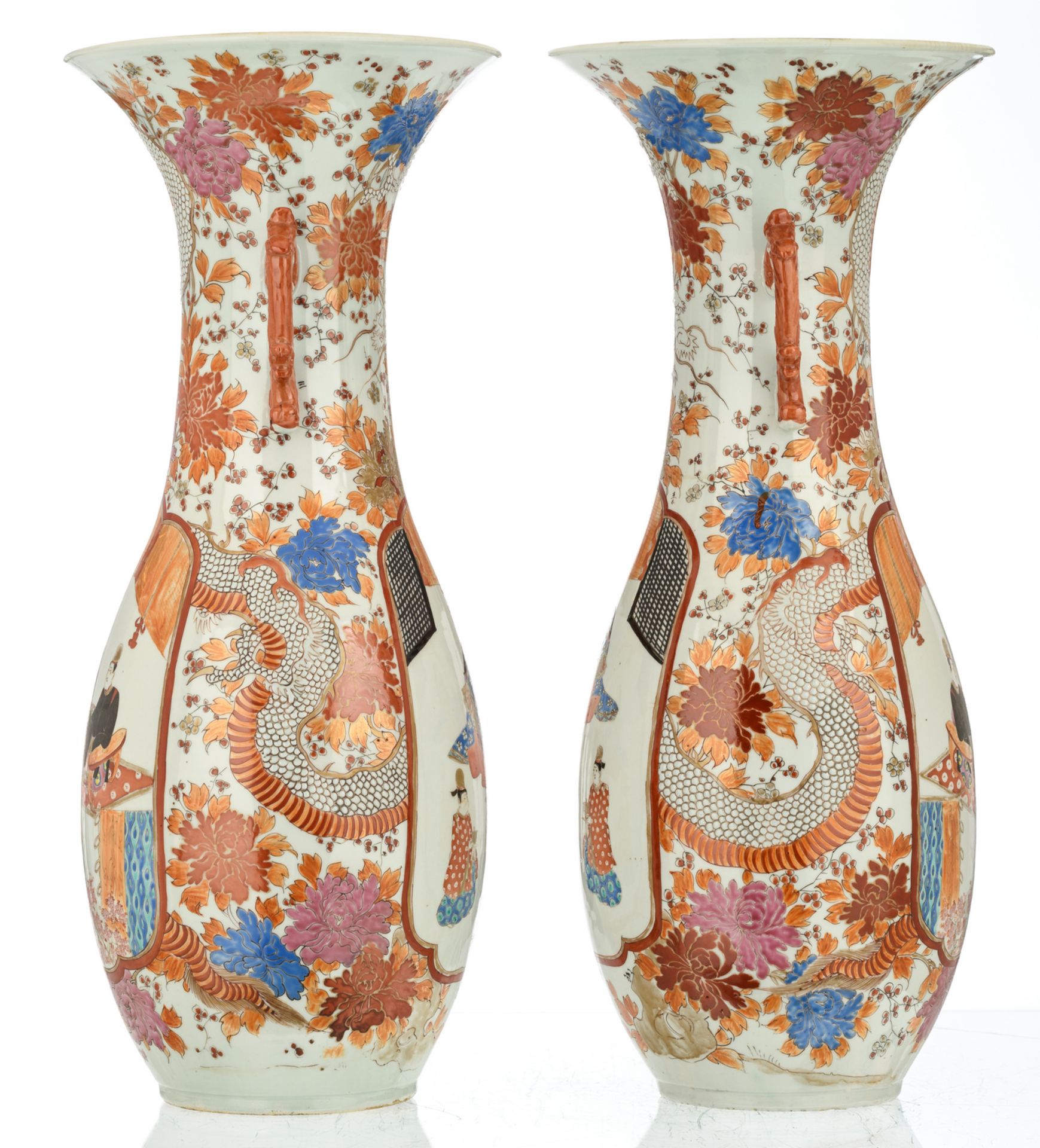 A pair of Japanese polychrome floral and dragon relief decorated vases, the roundels with figures, - Image 2 of 6