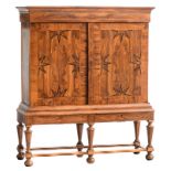 A first half of the 18thC Dutch walnut veneered cabinet on stand, H 210 - W 184,5 - D 62,5 cm