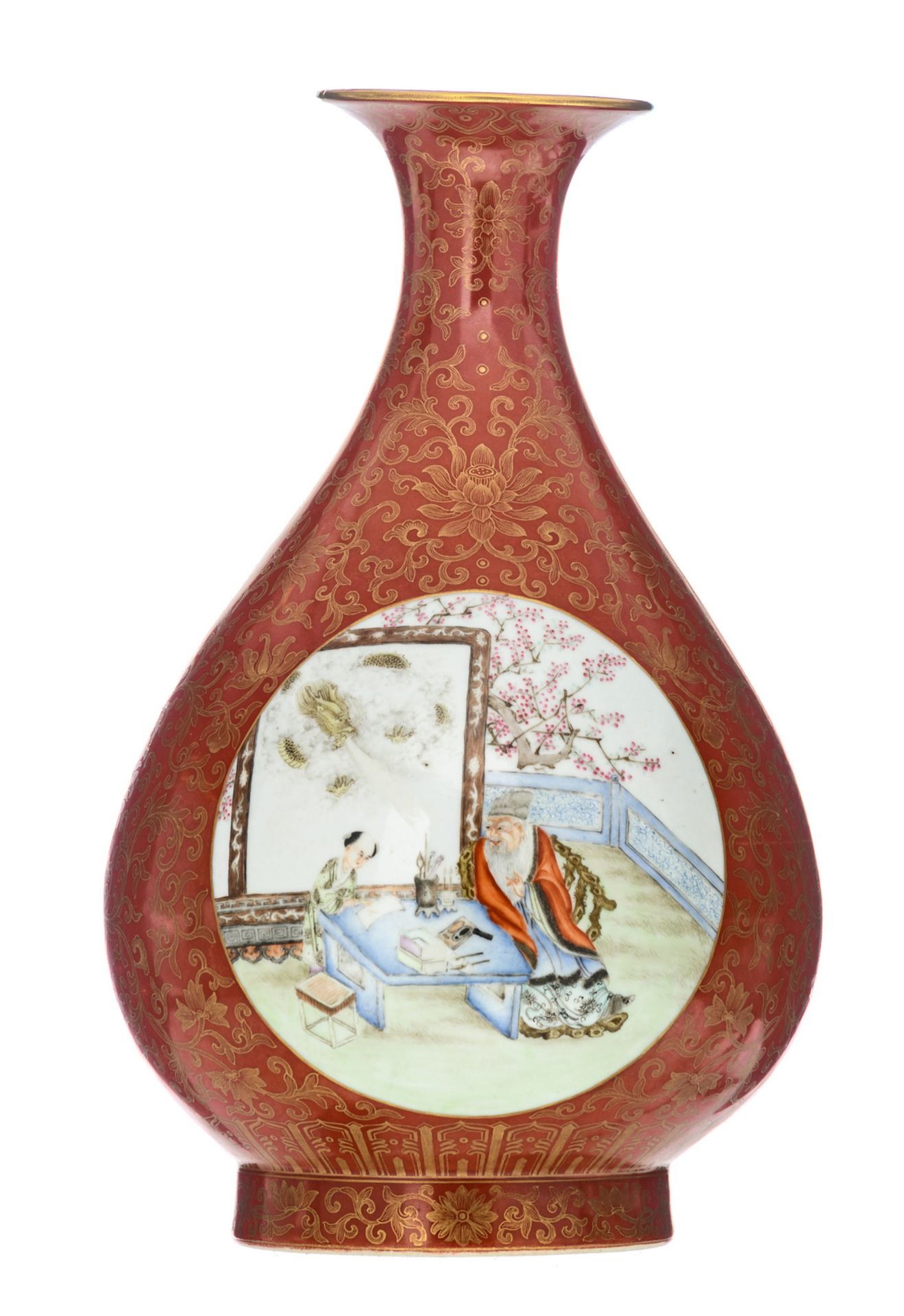 A Chinese kinrande decorated pear shaped vase, the roundels famille rose with a scholar in a