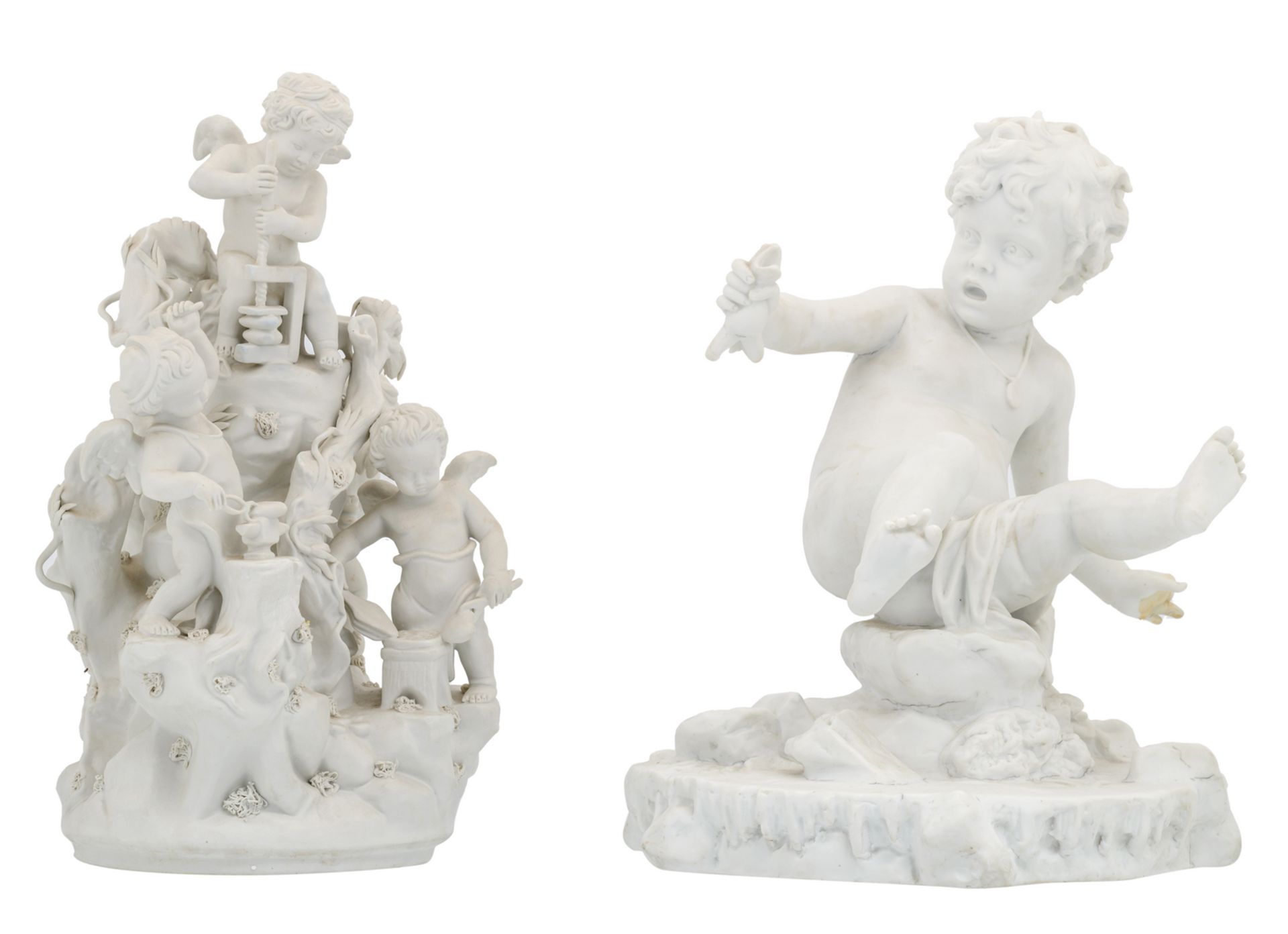 Two biscuit groups depicting a boy with toad and an allegory on love, 20thC, damage, H 37 - 38 cm