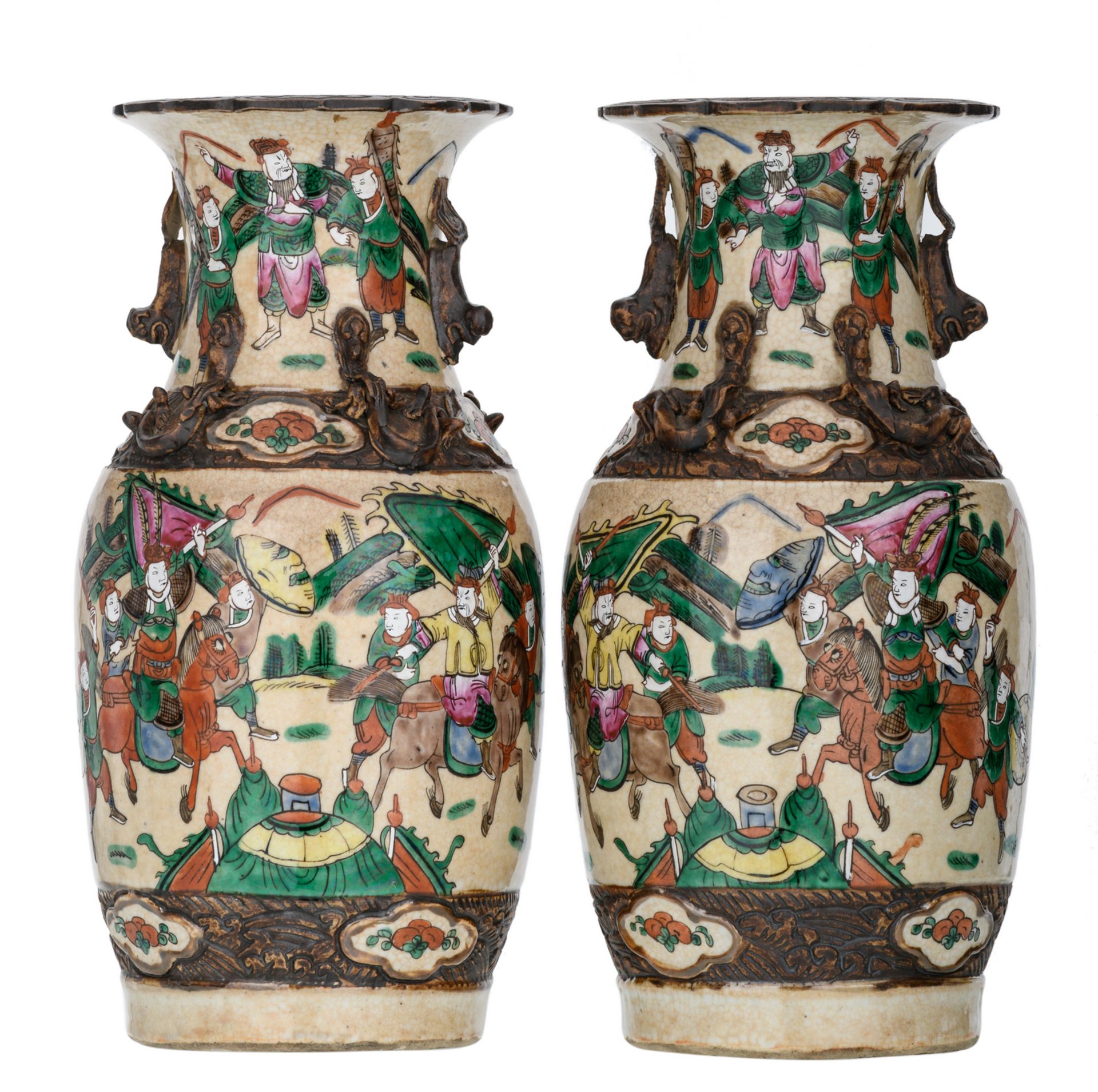 A pair of Chinese stoneware vases, overall polychrome decorated with warriors, marked, about 1900, H