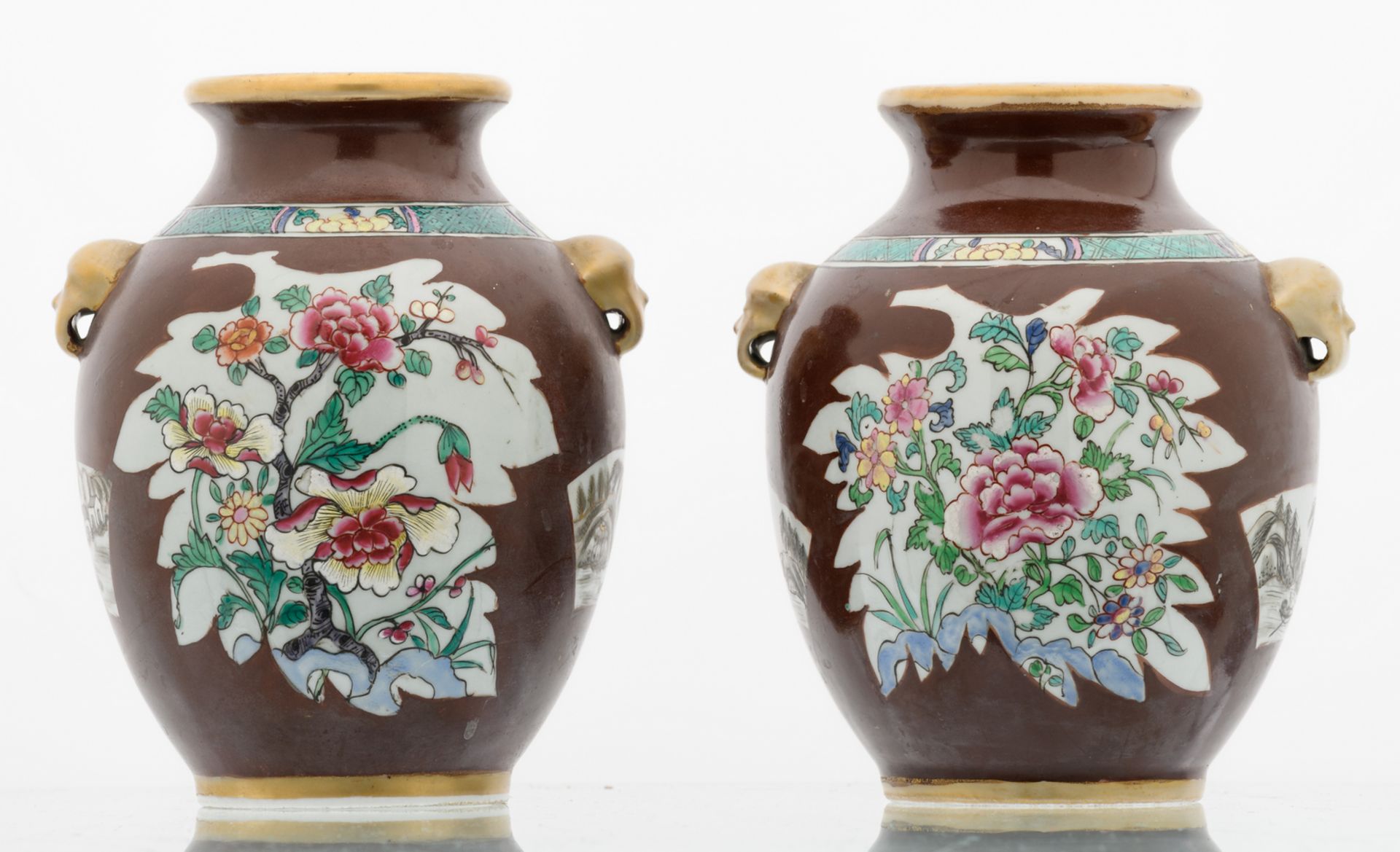 Two Chinese café au lait ground vases, the roundels famille rose, decorated with rocks, flower - Image 3 of 6