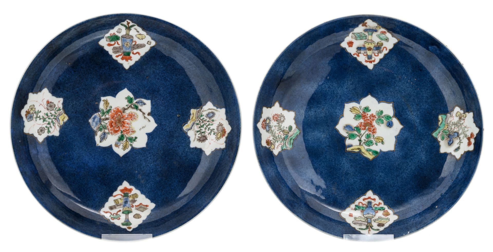 Two Chinese bleu poudré dishes, the roundels famille verte, decorated with antiquities and flower