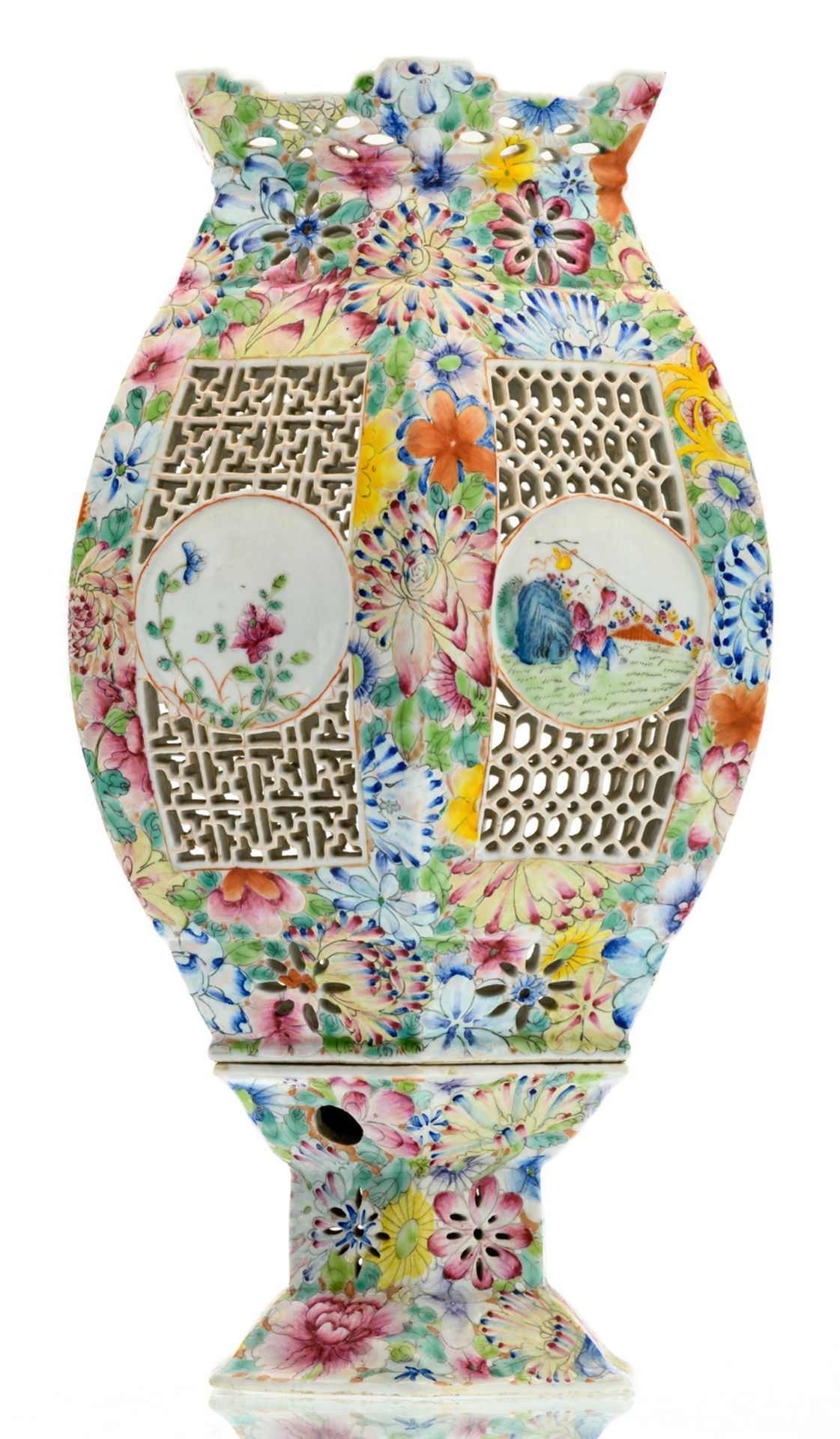 A Chinese millefleurs and open work wedding lantern, the roundels famille rose decorated with - Image 3 of 8