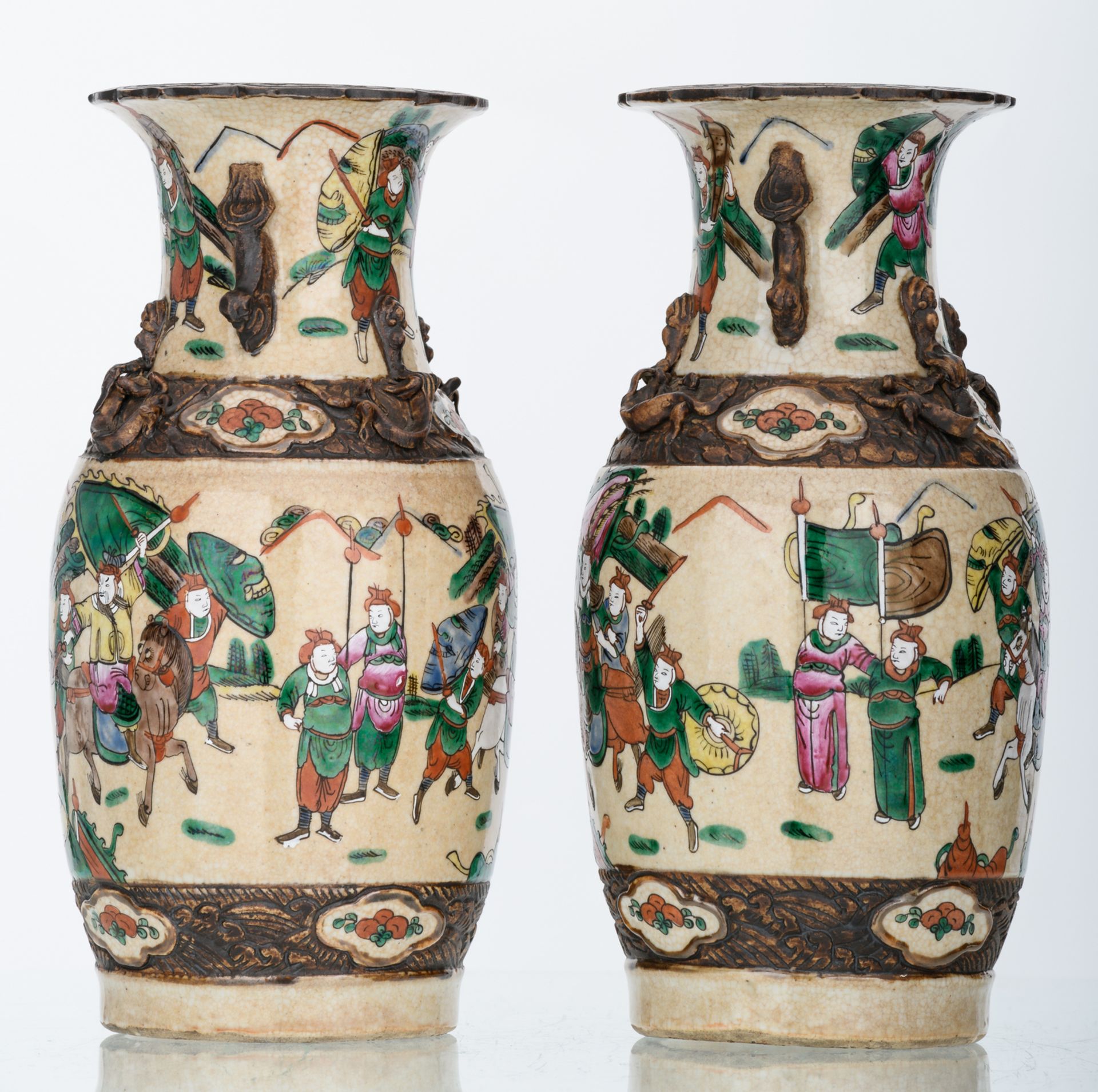 A pair of Chinese stoneware vases, overall polychrome decorated with warriors, marked, about 1900, H - Image 3 of 6