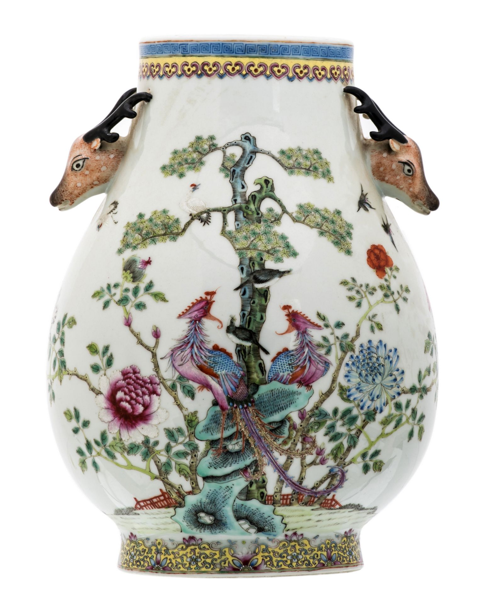 A Chinese famille rose decorated Hu vase with birds and flower branches, the handles deer head