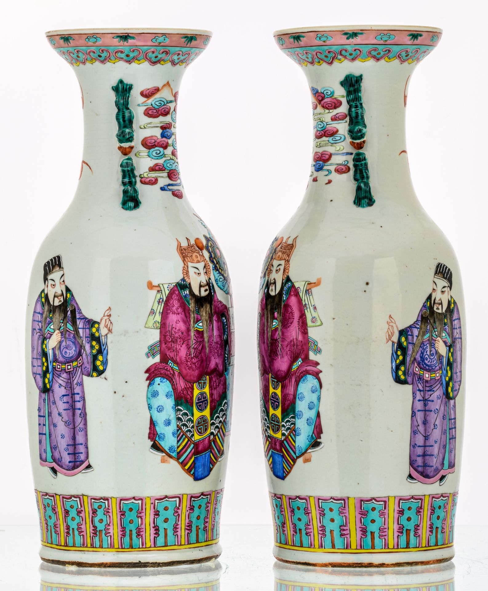 A pair of Chinese famille rose and polychrome decorated vases with figures and bats, 19thC, H 59,5 - Image 2 of 6