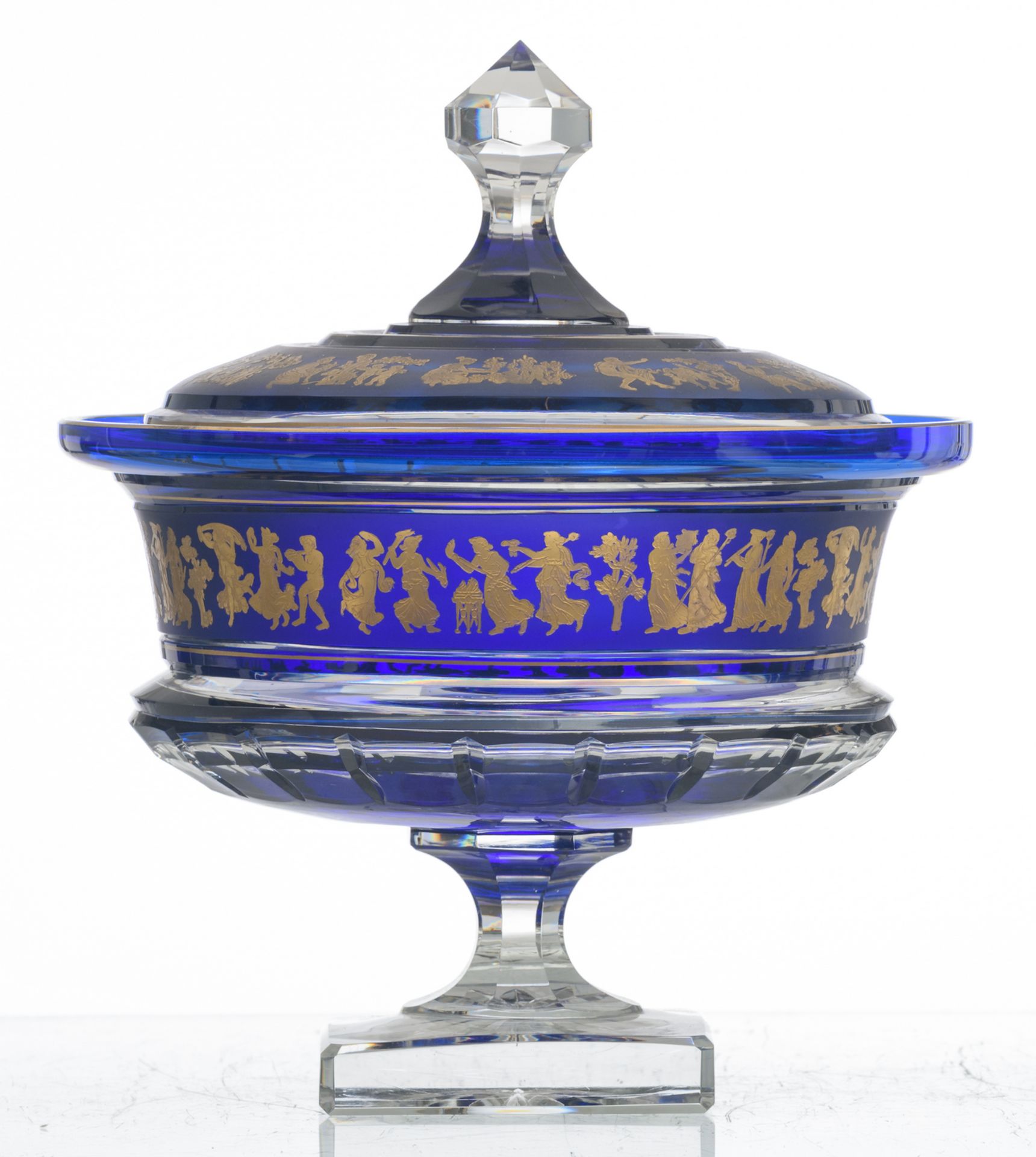 A decorative blue overlay Val-Saint-Lambert crystal cut bowl and cover on foot, relief decorated - Image 4 of 6