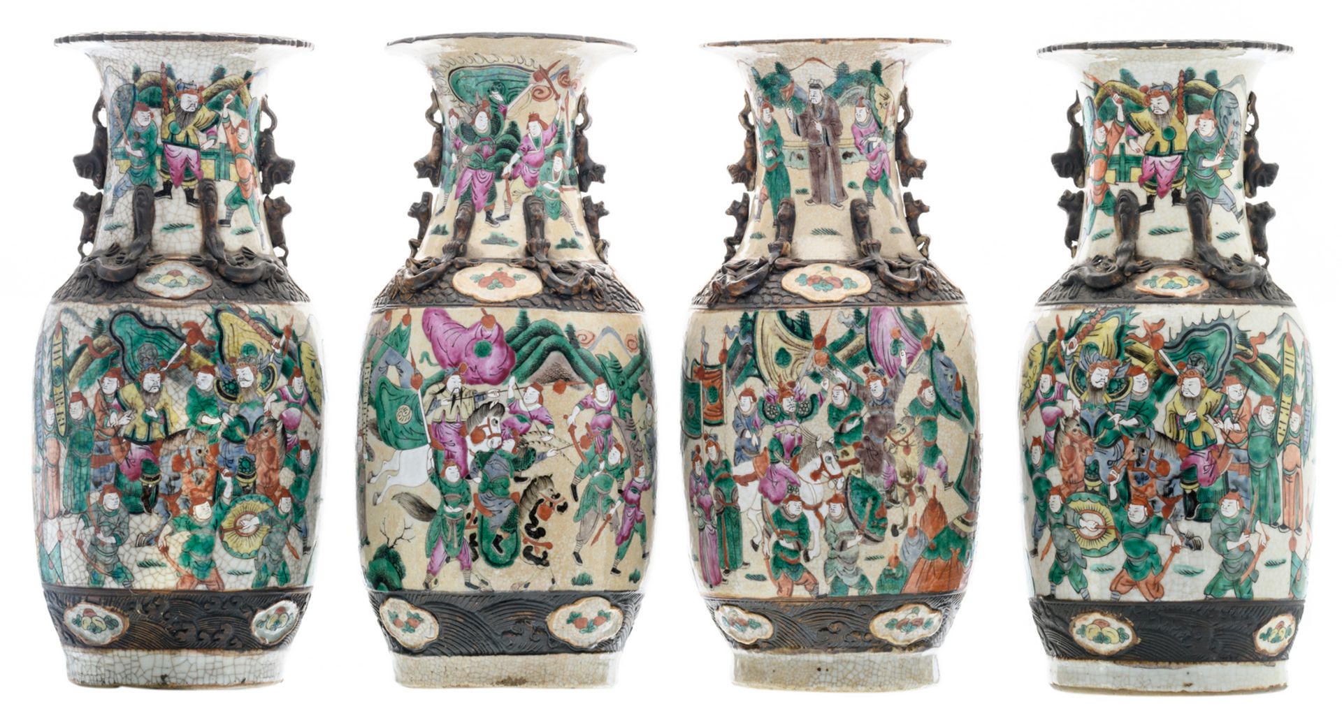 A pair of Chinese polychrome decorated stoneware vases with a battle scene, marked, about 1900;