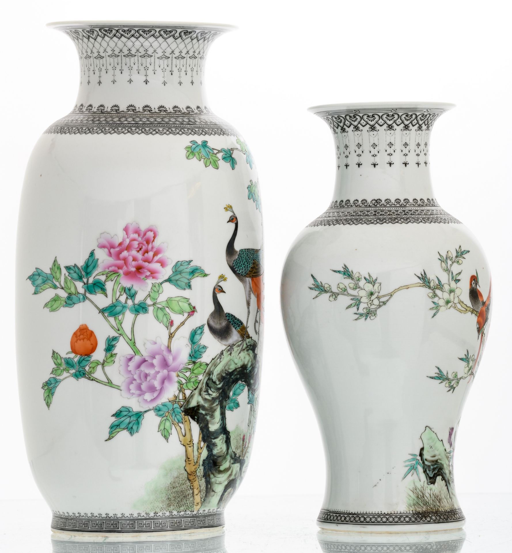 A Chinese famille rose vase and baluster shaped vase, decorated with birds, flower branches and a - Image 4 of 6