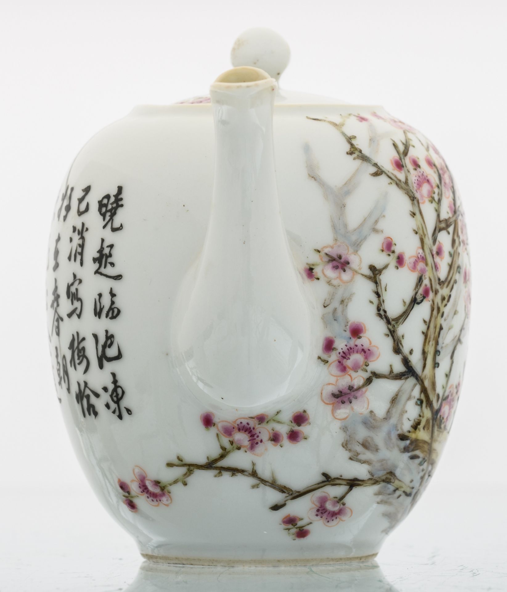 A Chinese famille rose teapot and cover, decorated with cherry blossoms and a calligraphic text, - Image 4 of 8