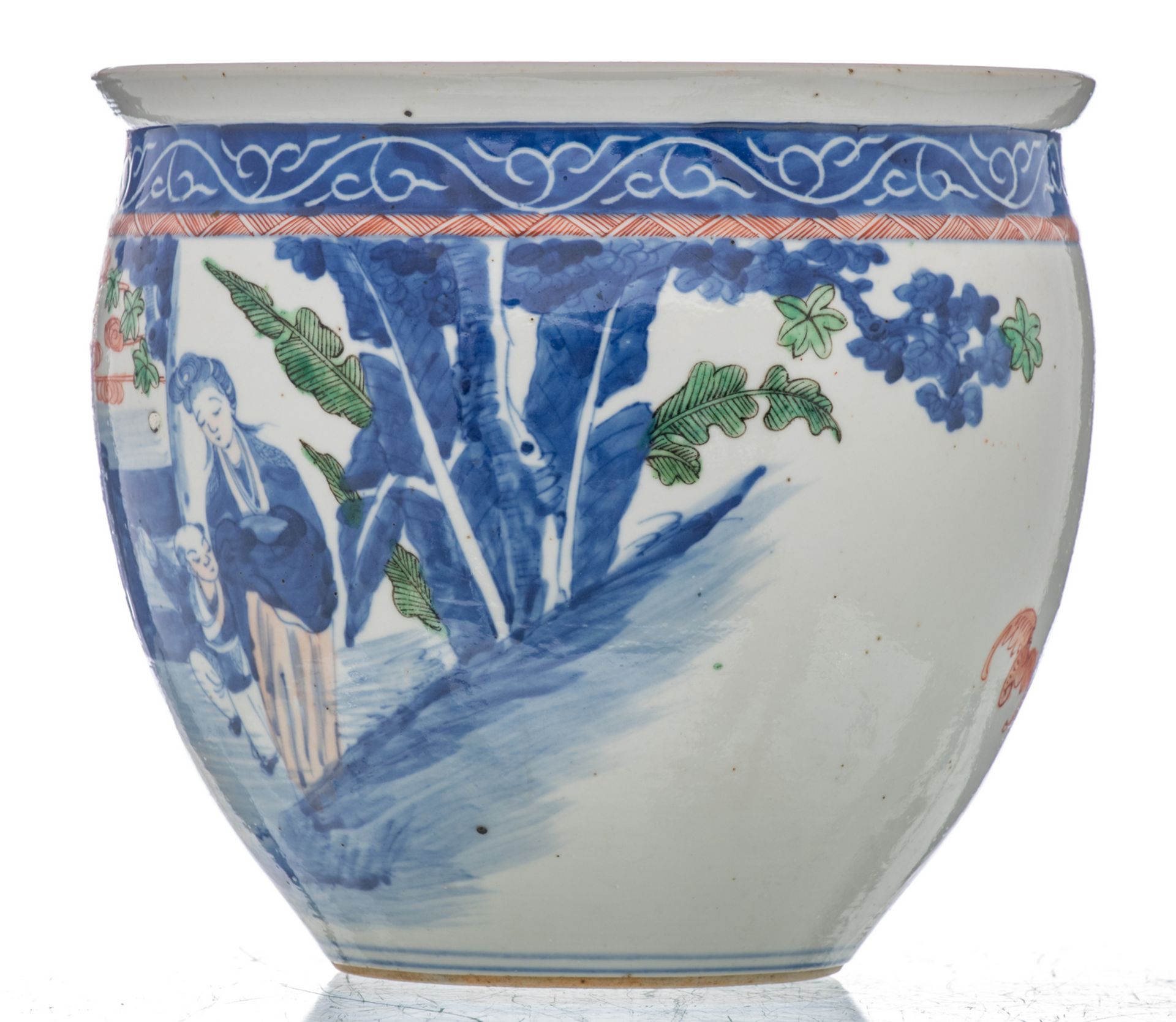 A Chinese blue and white and polychrome decorated jardiniere with bats and figures in a garden, H 23 - Image 3 of 7