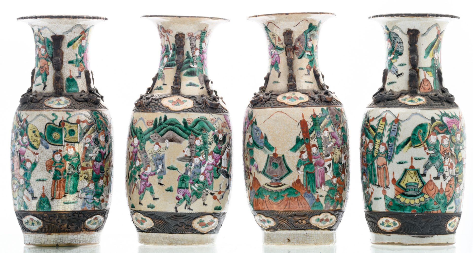 A pair of Chinese polychrome decorated stoneware vases with a battle scene, marked, about 1900; - Image 2 of 8