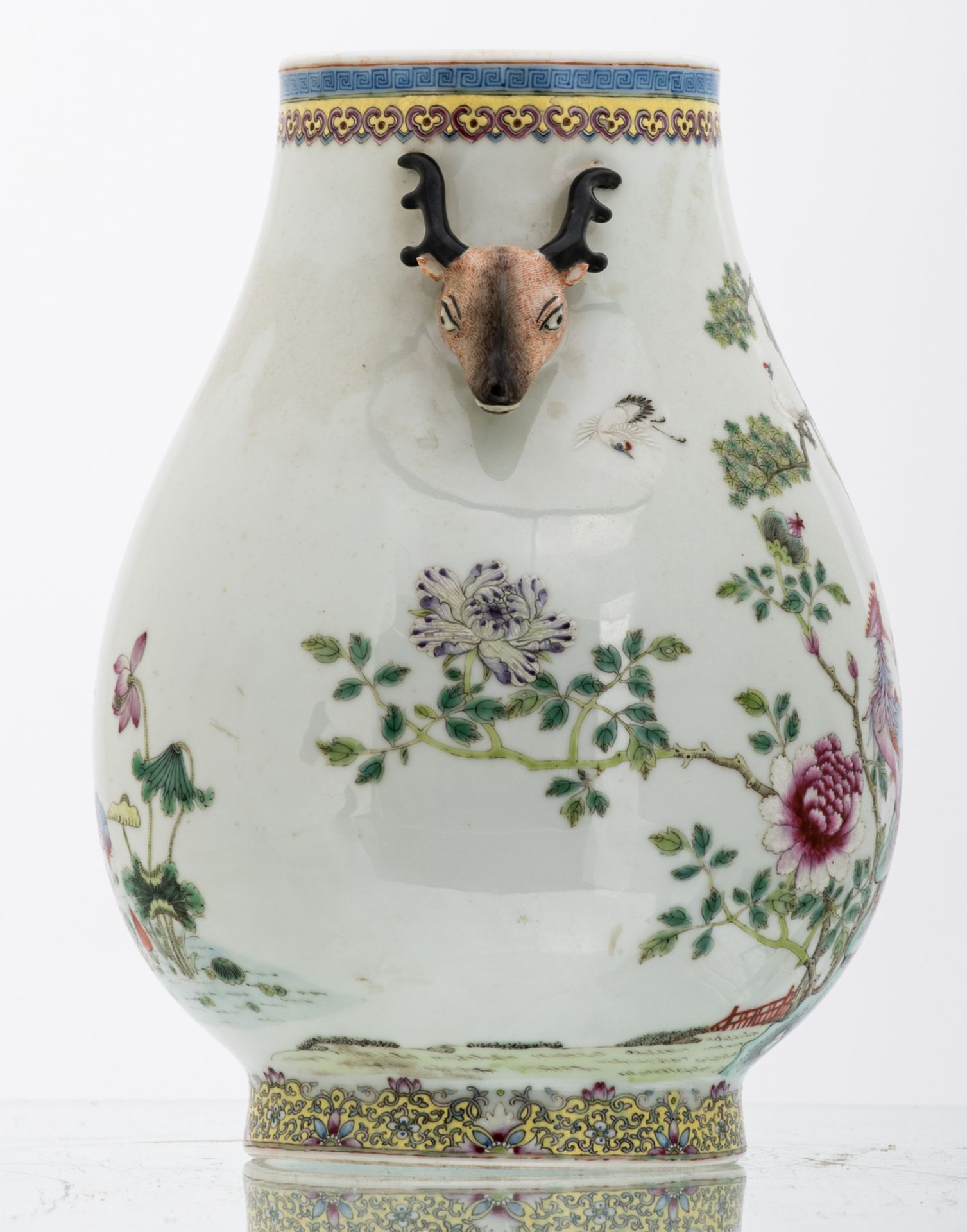 A Chinese famille rose decorated Hu vase with birds and flower branches, the handles deer head - Image 4 of 8