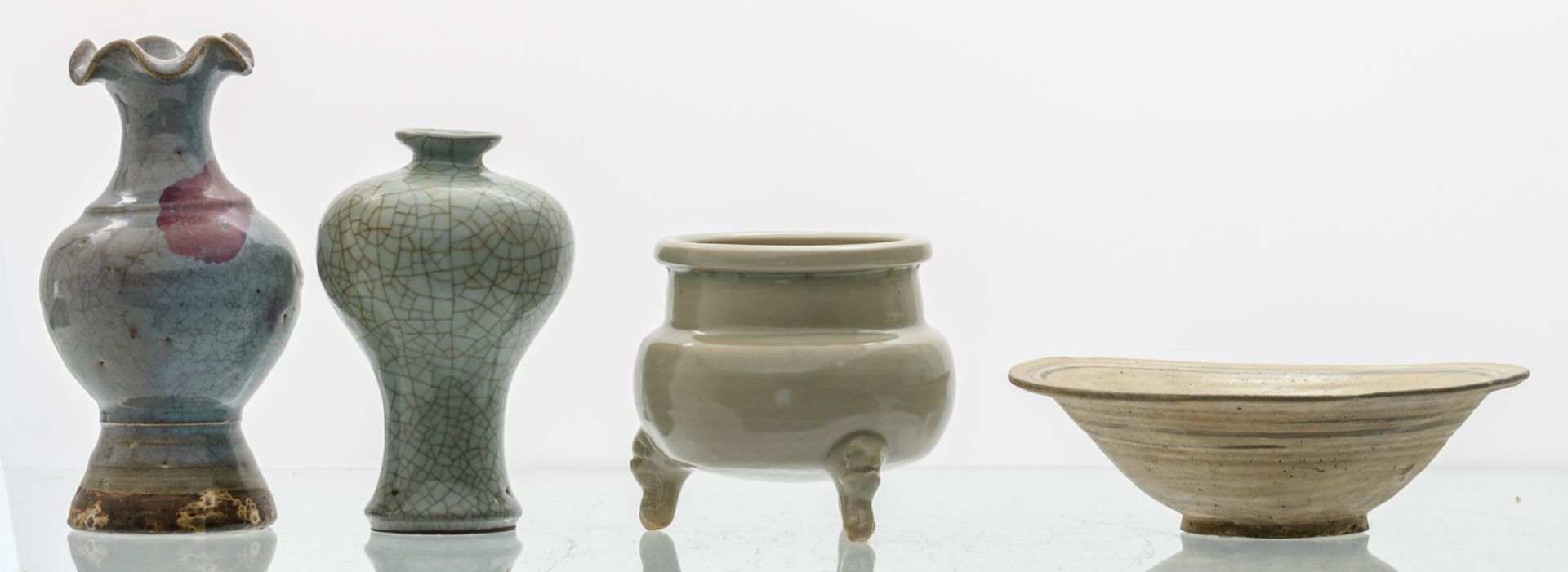 Two Chinese vases and a tripod incense burner in the jun ware manner, crackleware and celadon; added - Image 4 of 6