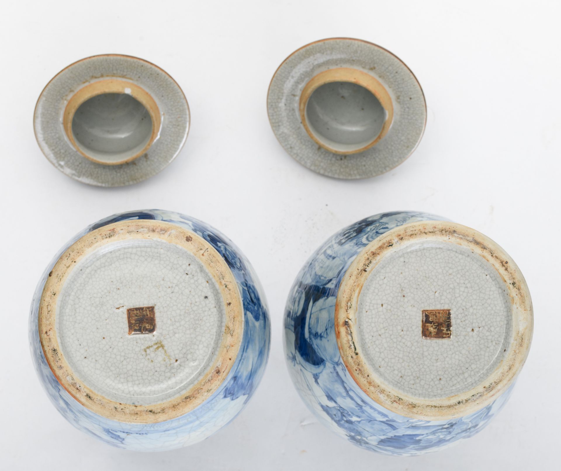 Two Chinese stoneware blue and white decorated crackleware vases and covers with deities in a - Image 6 of 6