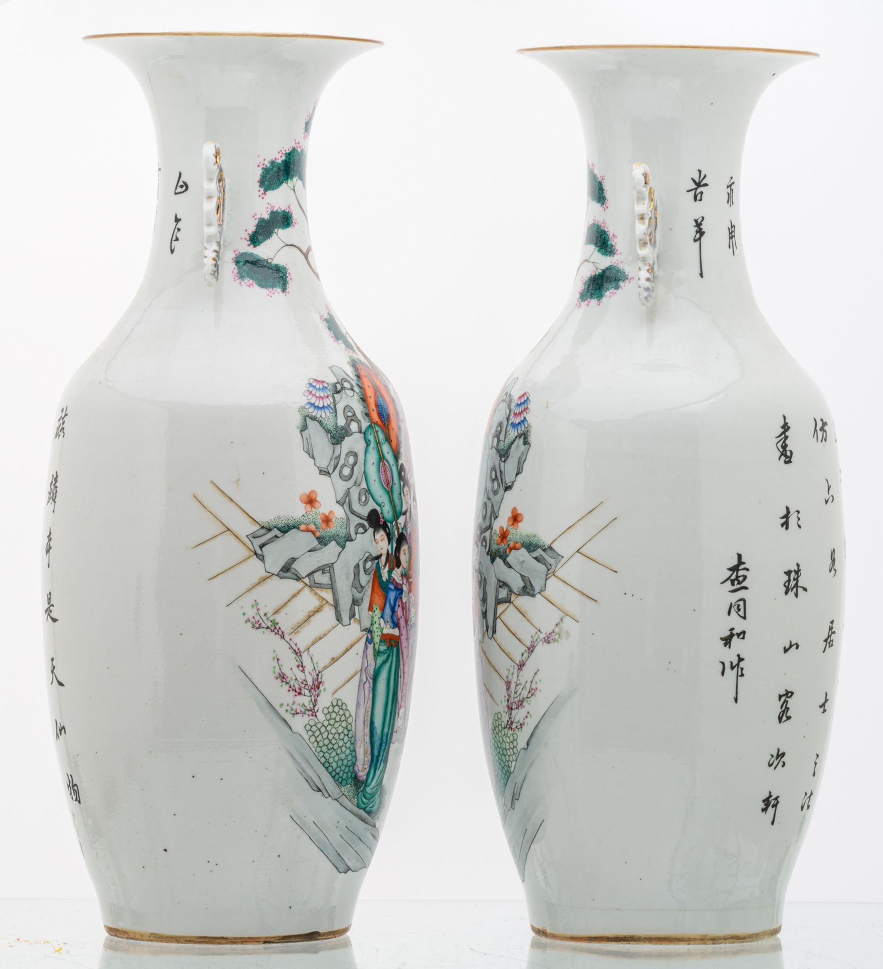 A pair of Chinese famille rose decorated vases with figures in a cortege and calligraphic texts, H - Image 2 of 6