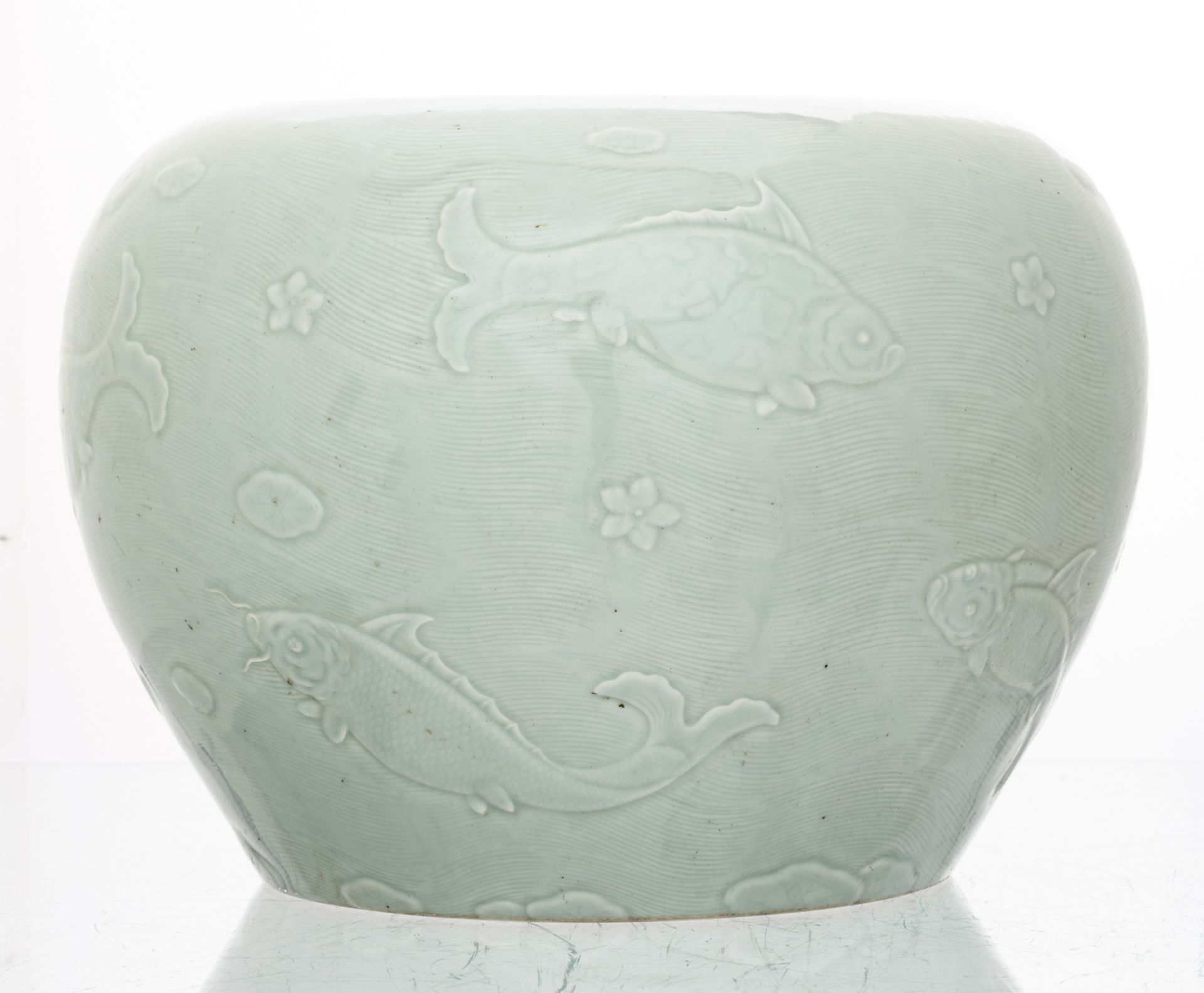 A Chinese celadon bowl, overall relief decorated with fish, H 25,5 cm - Image 2 of 6