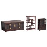 A Chinese chest and cabinet with bronze mounts; added a ditto rack, the chest H 41,5 - W 94 - D 58,