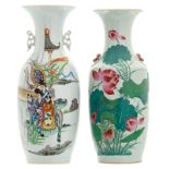 Two Chinese famille rose vases, one vase with an animated scene and one vase with lotus flowers,