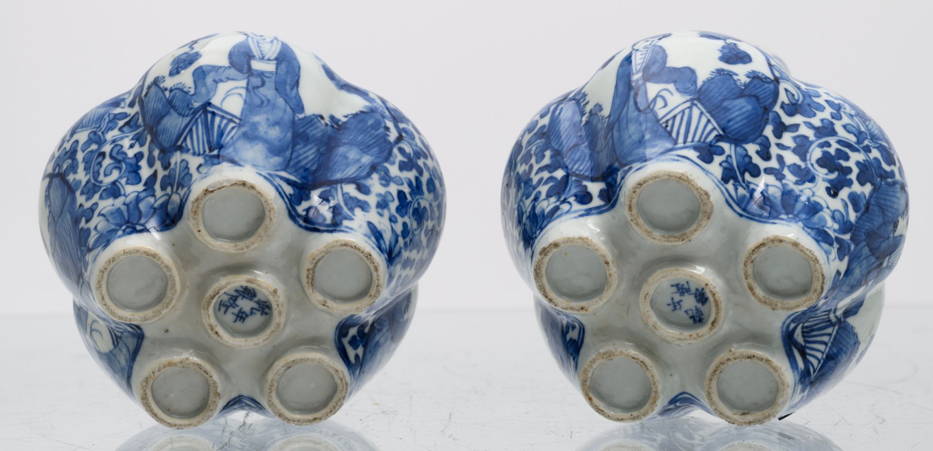 A pair of Chinese blue and white floral and relief decorated tulip vases, the roundels with - Image 6 of 7