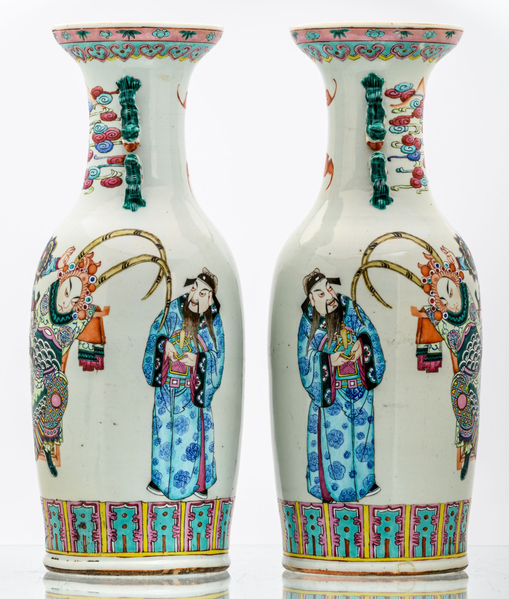 A pair of Chinese famille rose and polychrome decorated vases with figures and bats, 19thC, H 59,5 - Image 4 of 6
